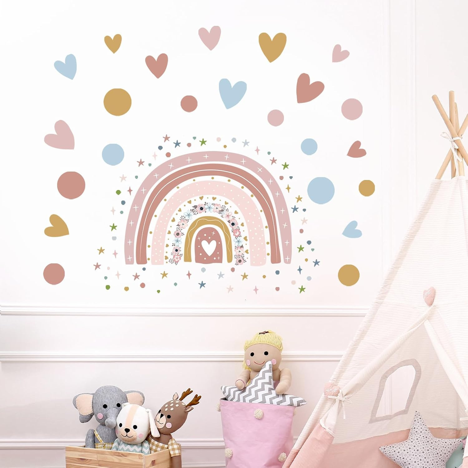 Rainbow Flower Wall Stickers – Colorful Dots, Hearts, Stars, Nursery Size
