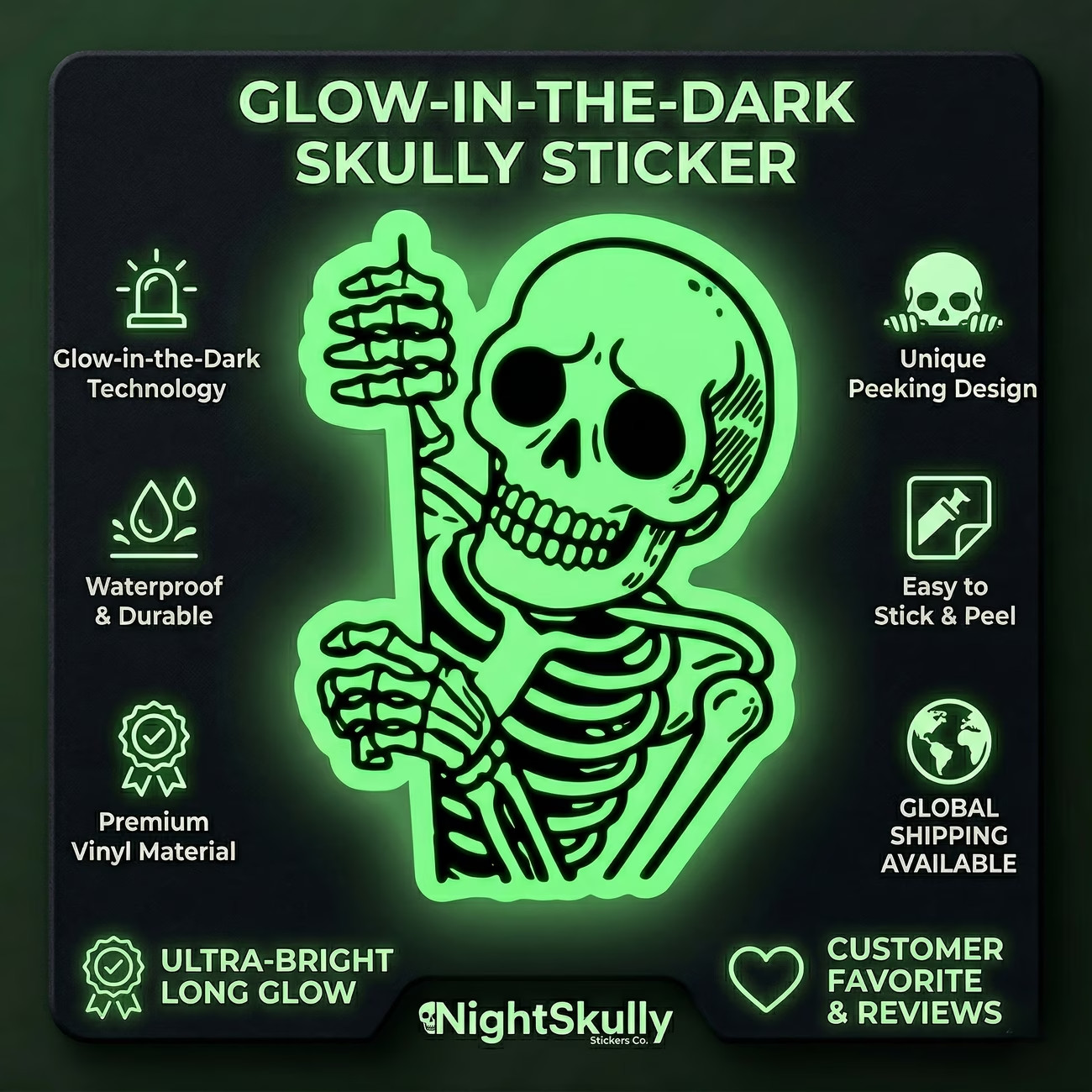 3" Funny Peeking Skull Glow in the Dark Sticker, Premium High Quality PVC Vinyl