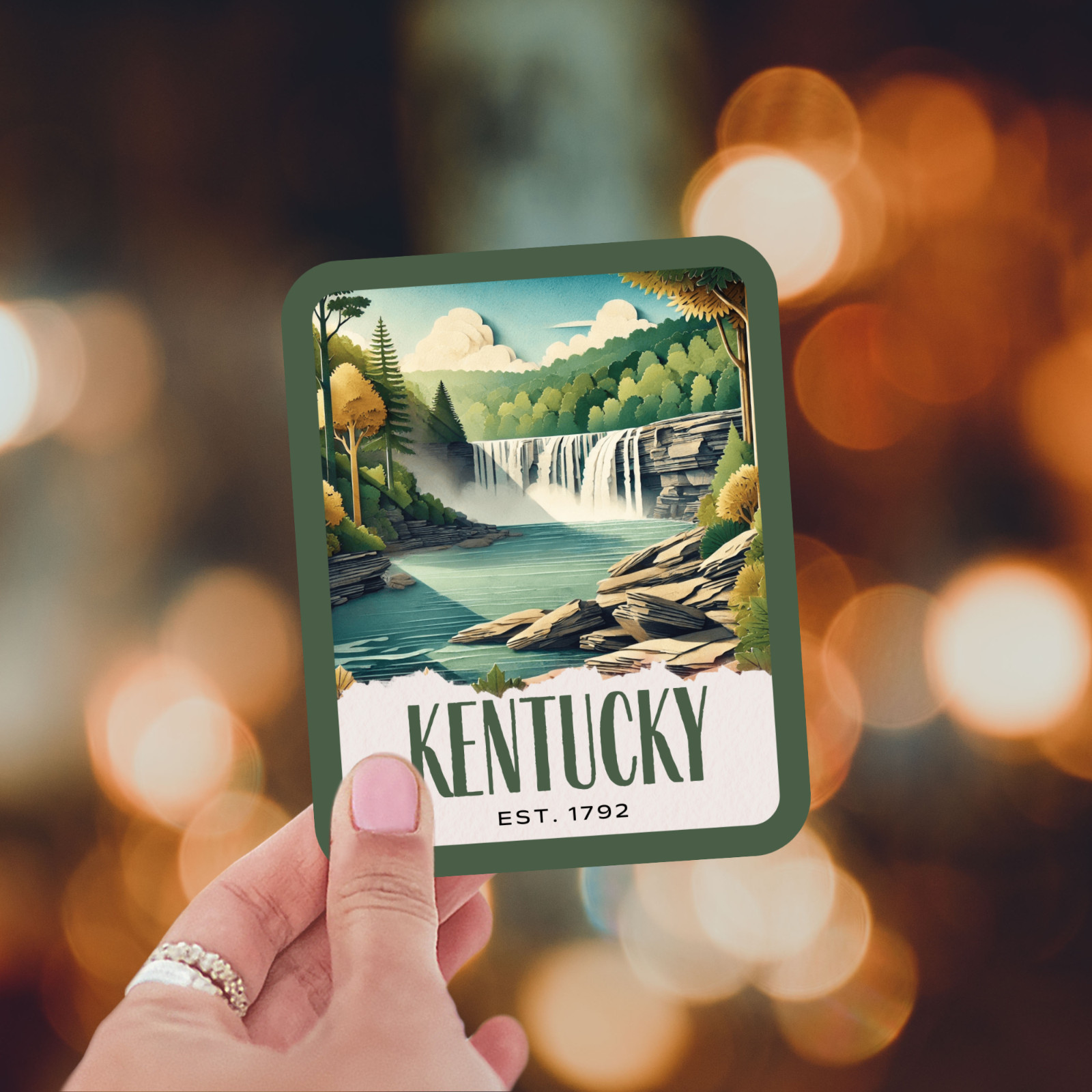 Kentucky State Sticker, Paper Collage Look, Scenic Cumberland Falls Decal