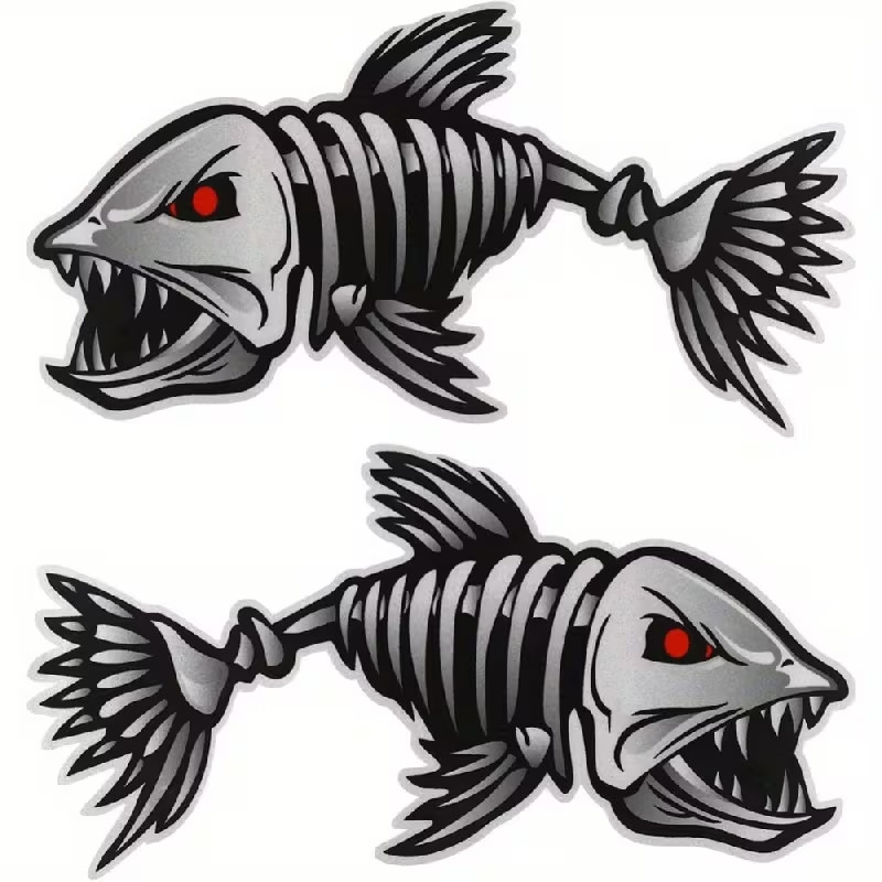 2pcs Waterproof Vinyl Fish Skeleton Decals Stickers for Cars, Boats & more