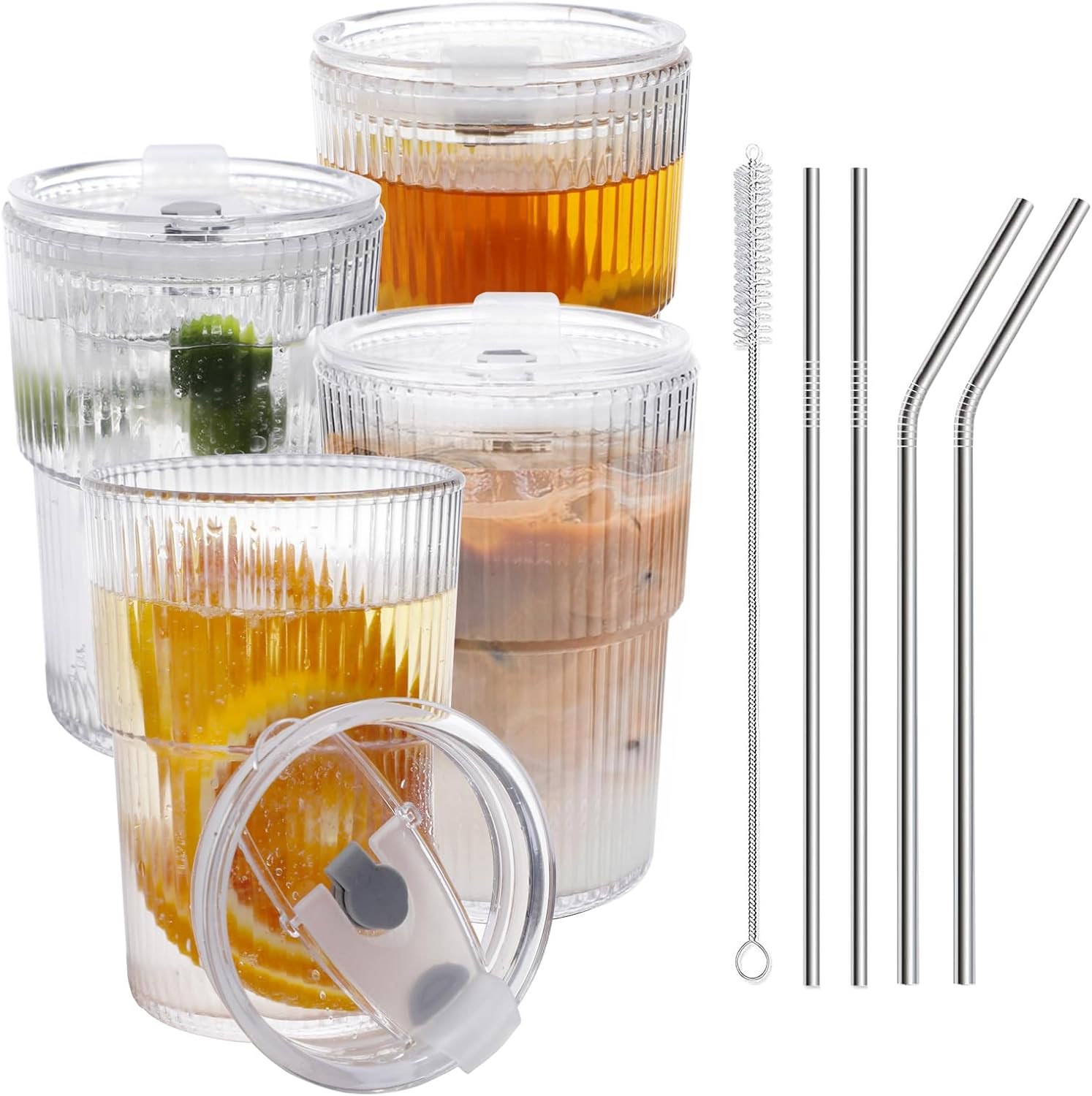 16 OZ Iced Coffee Cups with Lids and Straws Set of 4, Unbreakable Plastic Dri…