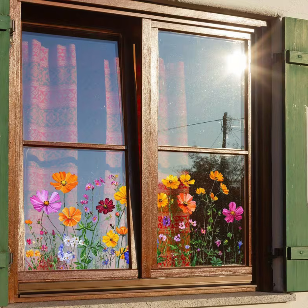 Reusable PVC Static Cling Window Stickers Floral Glass Door Wall Decals Removabl