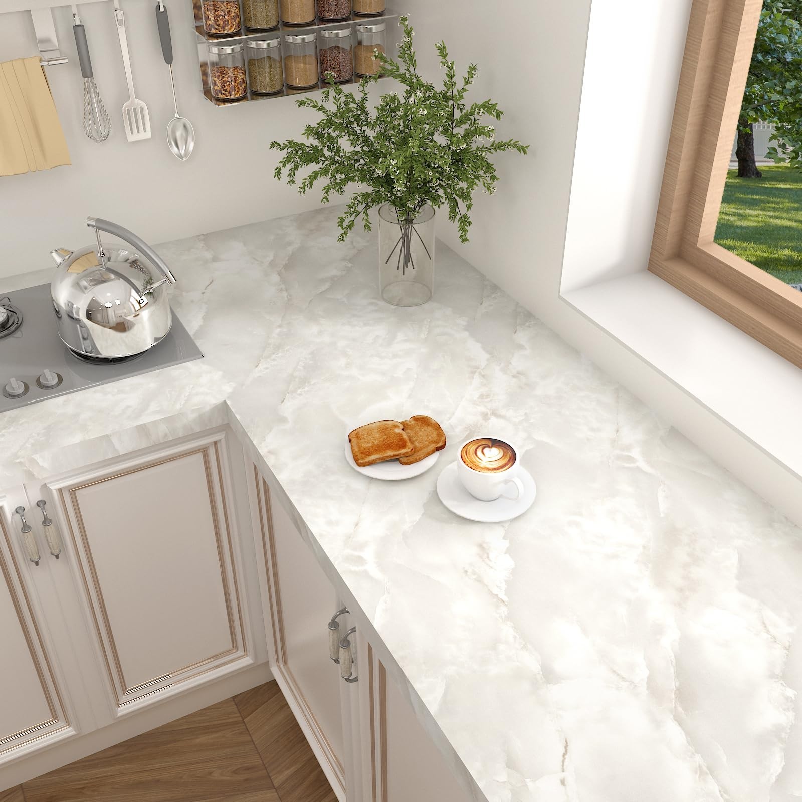 Beige Cloudy Marble Contact Paper for Countertops Waterproof Matte Marble Wal…