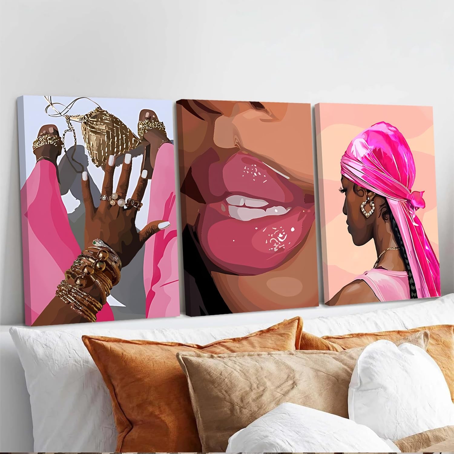 Black Girl Canvas Wall Art Set of 3 Pink African American Black Woman Wall De…