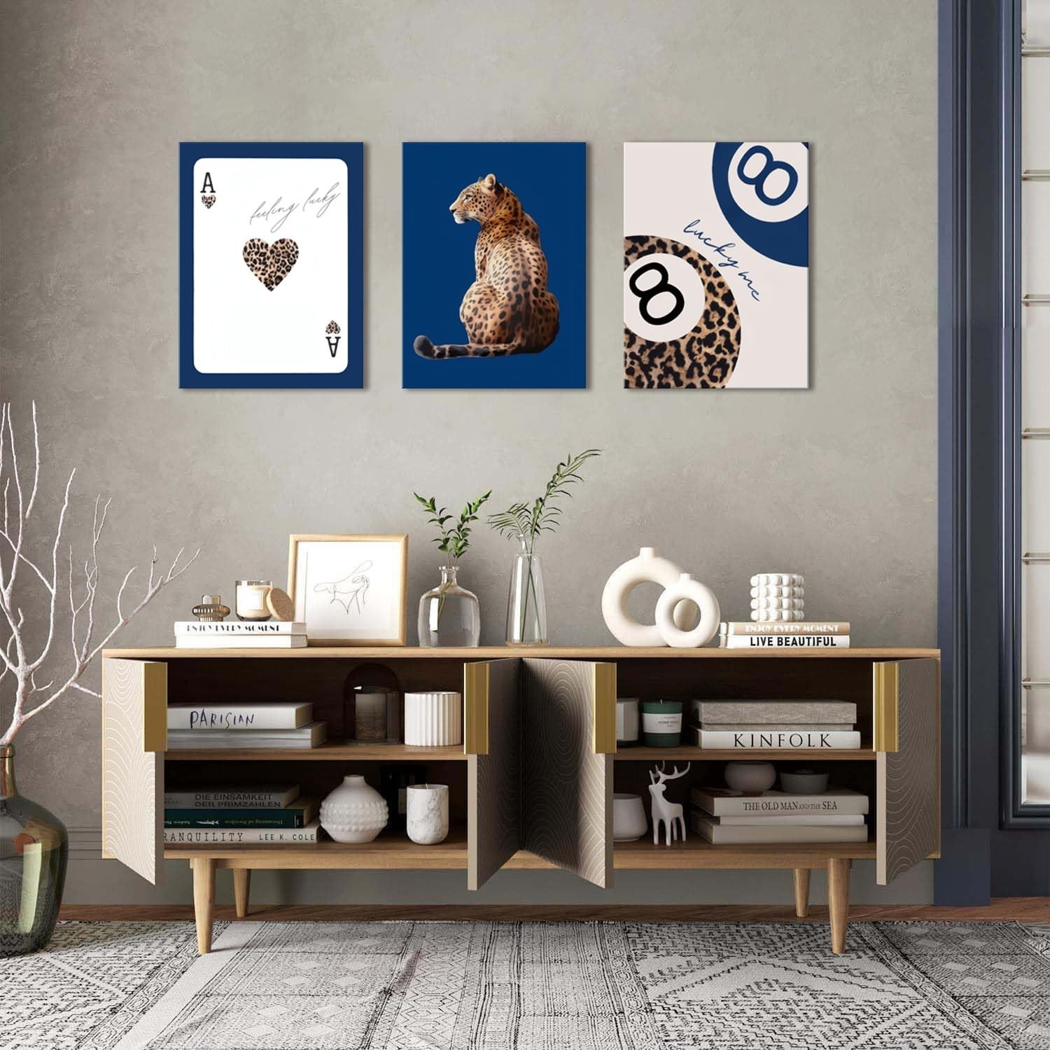 Navy Blue Leopard Canvas Wall Art Set of 3 Cheetah Animal Prints Posters Wall…