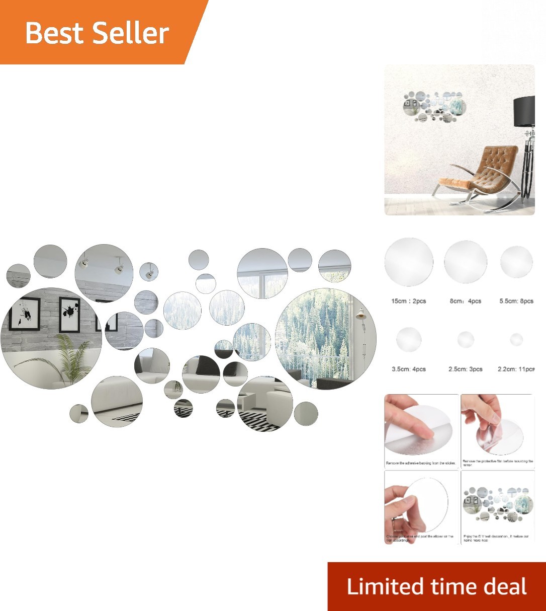 Versatile 32-Piece Mirror Decal Set for Living Room and Playroom Decor