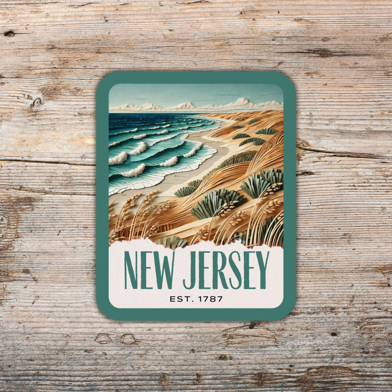 New Jersey State Sticker, Paper Collage Look, Scenic Island Beach Decal