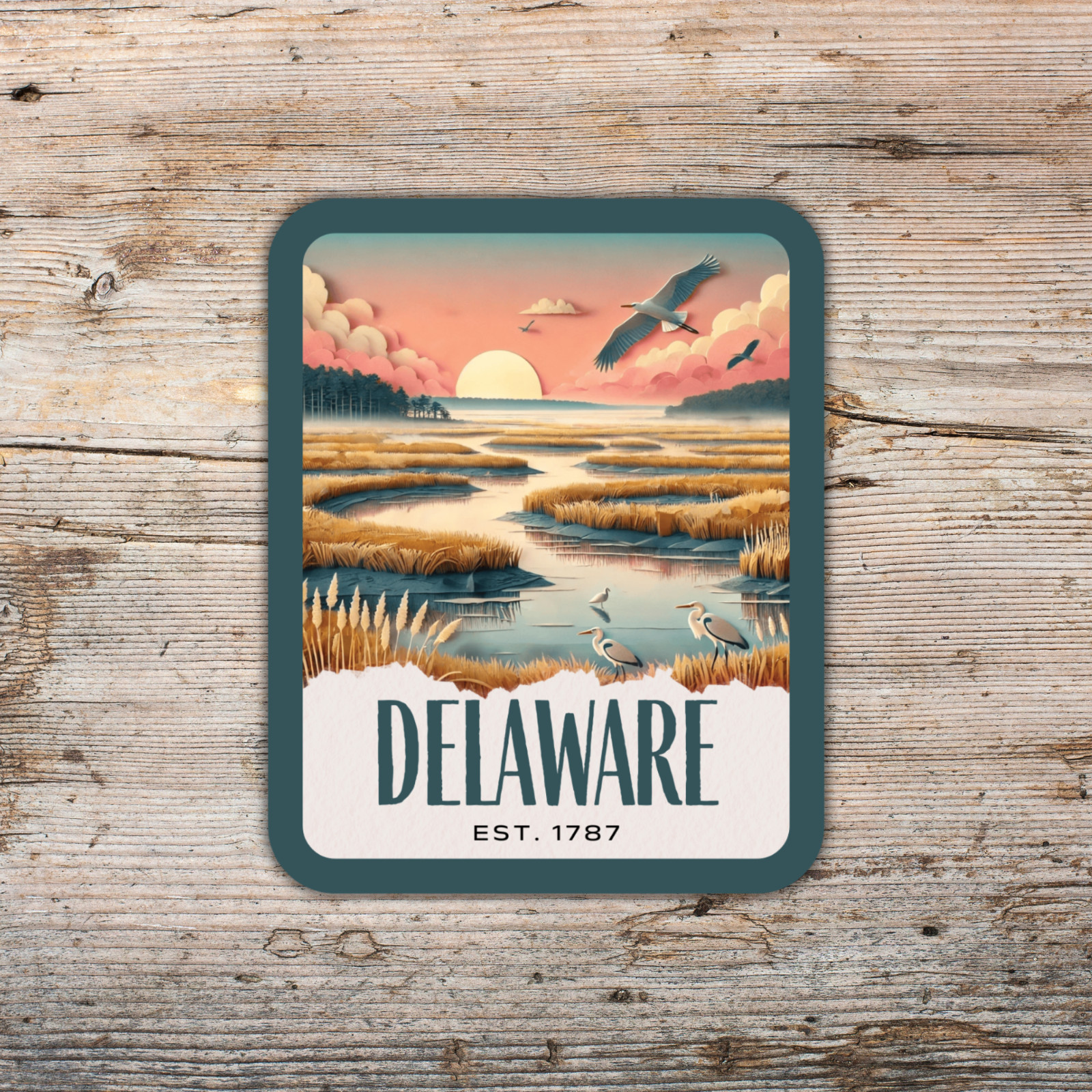 Delaware State Sticker, Paper Collage Look, Scenic National Wildlife Area Decal