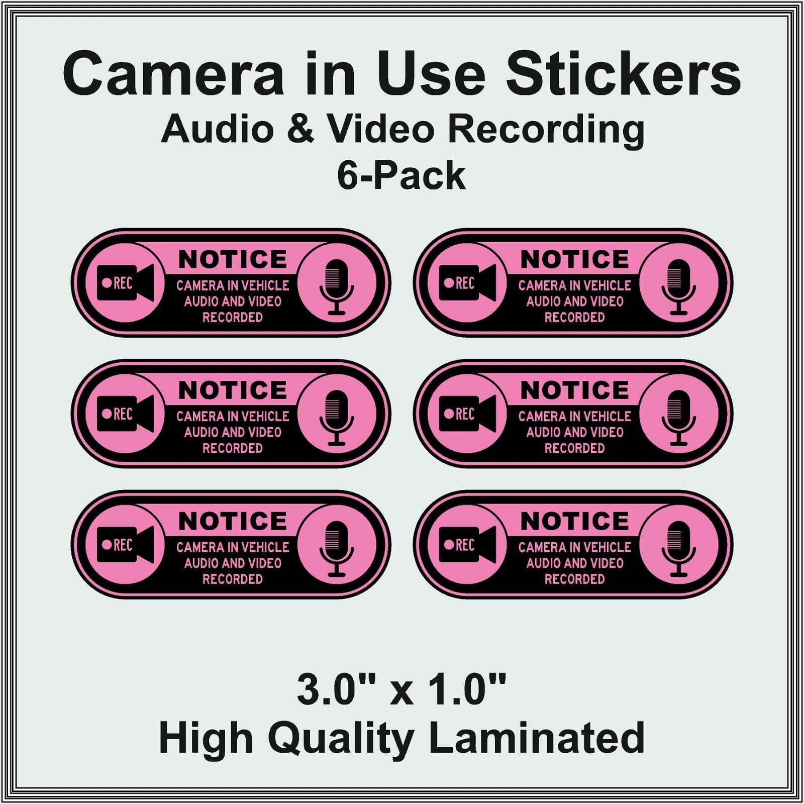 Camera in Car Recording Video 6-Pack Decals Pink & Black 3.0" x 1.0" for Uber