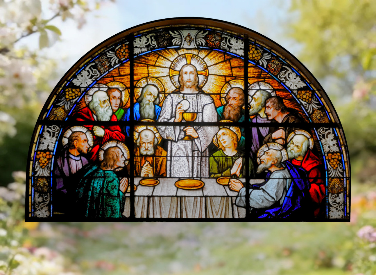 Jesus, The Last Supper Faux Stained-Glass WINDOW CLING Size 10.6" Vinyl Arch