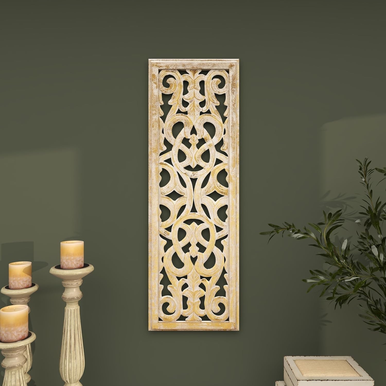 Hand-Carved Floral Wall Sculpture in Gold, 36" x 12" for Elegant Decor