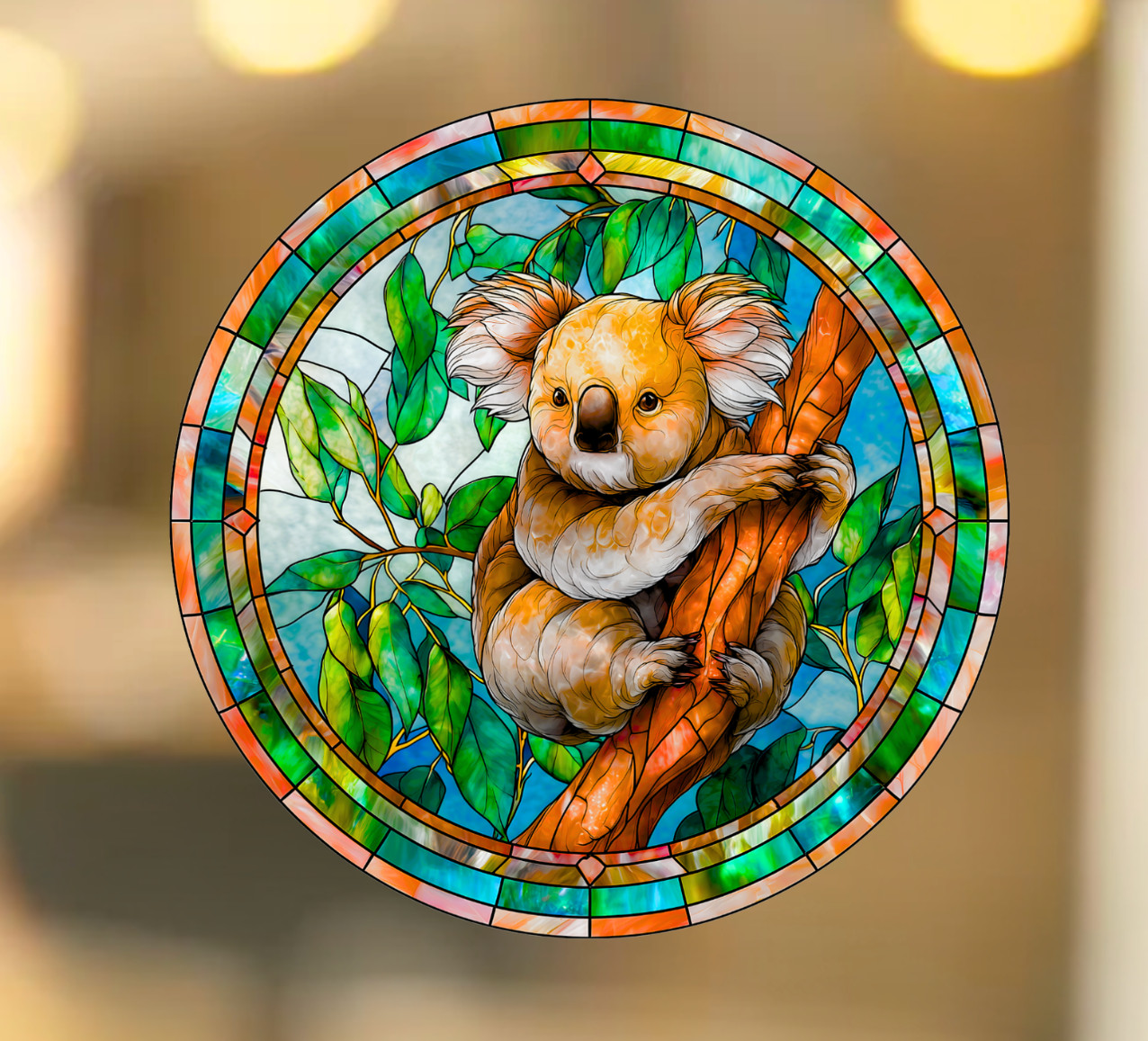 Koala Bear Faux Stained-Glass WINDOW CLING Size 8" Round Repositionable Vinyl
