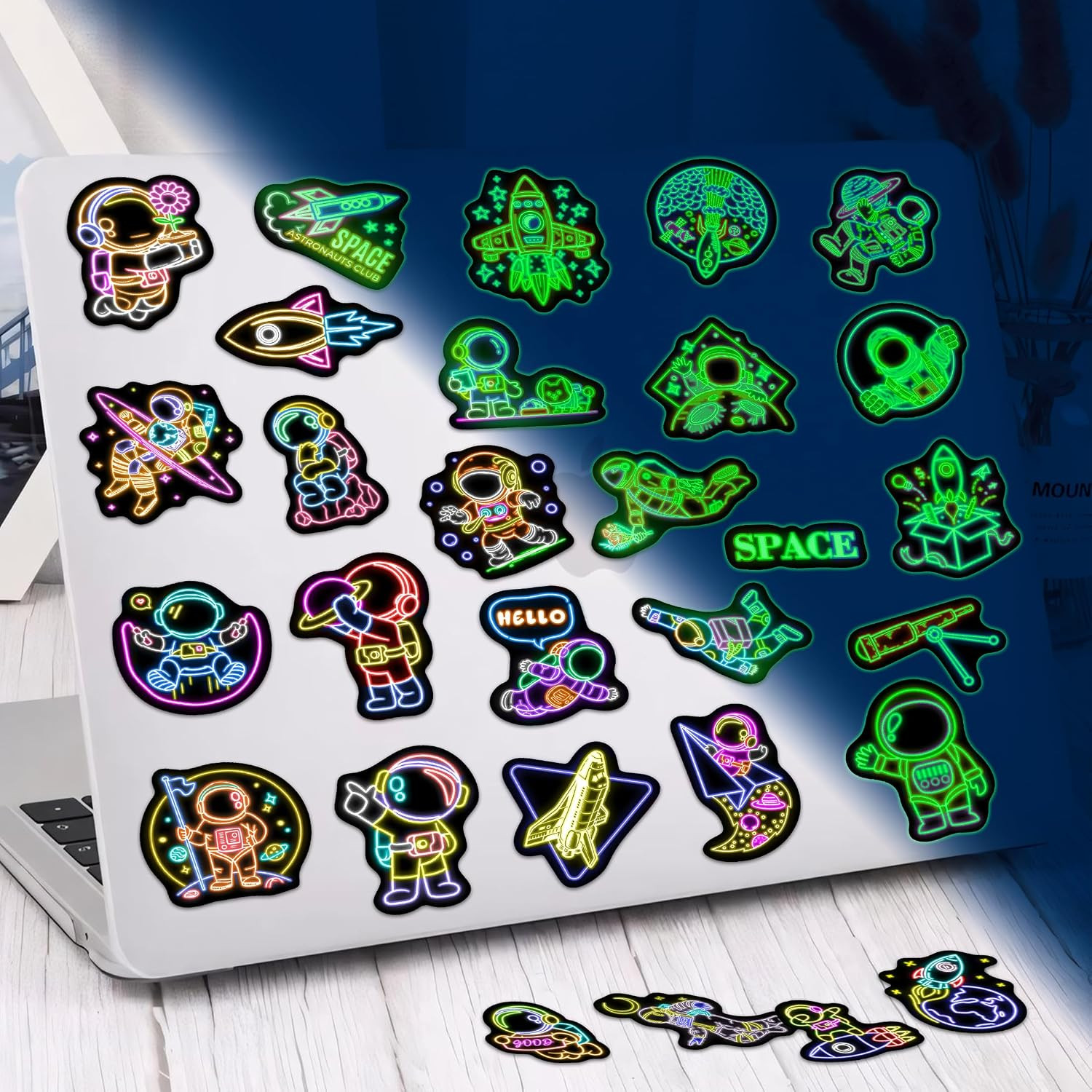 50 Pcs Glow in the Dark Space Themed Neon Stickers for Kids, Adults Waterproof