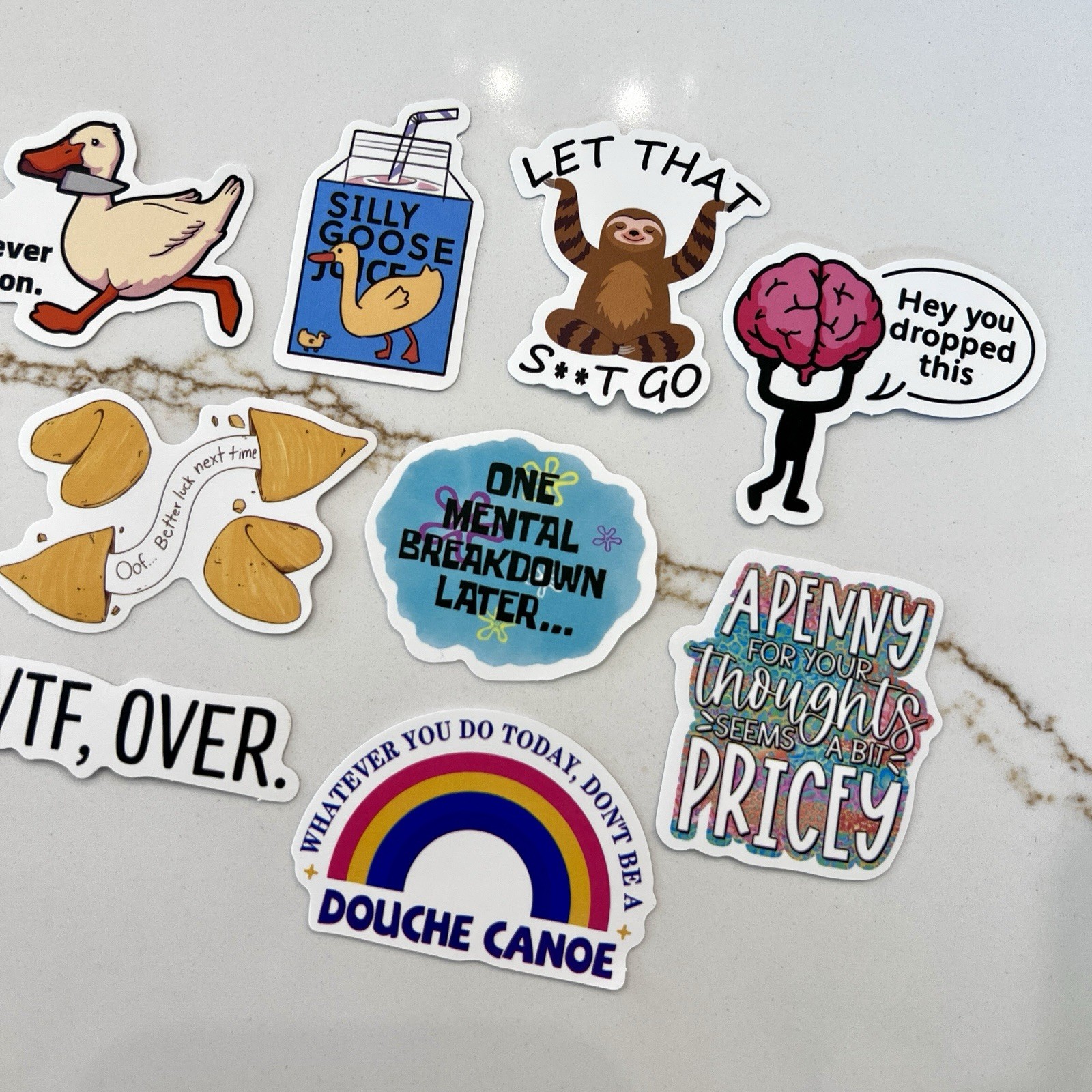 Set of 10 Sarcasm Humor Sticker Lot Silly Goose WTF Mental Breakdown Sloth