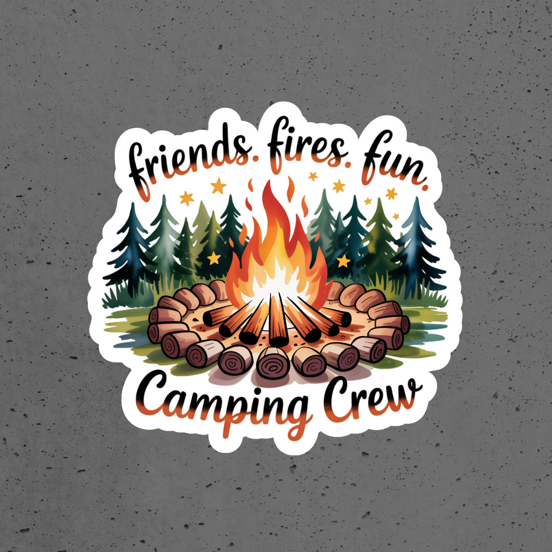 Camping sticker vinyl decal friends fires fun camping crew campfire window