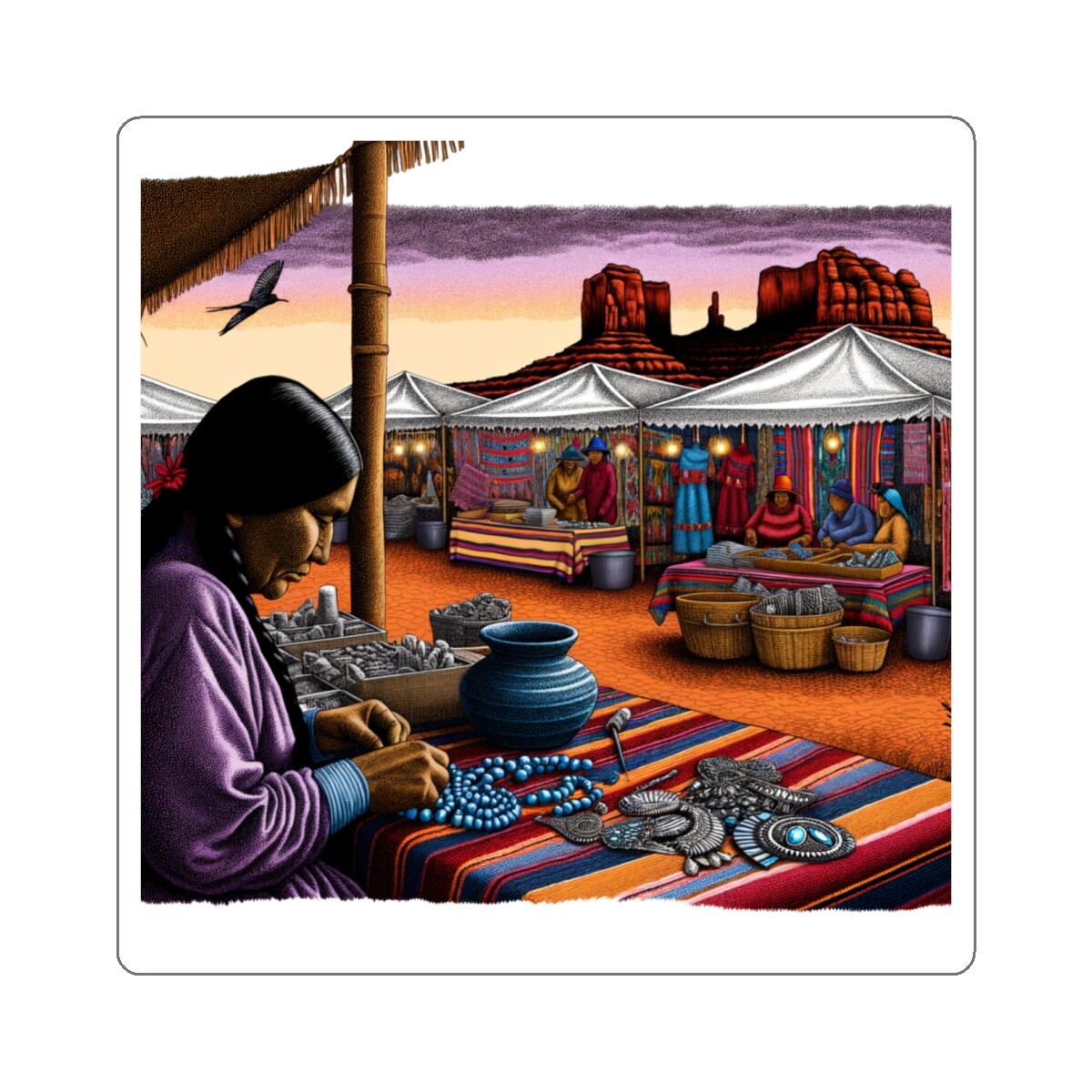 Sticker Southwestern Art Jewelry Market Scene 2×2 3×3 4×4 6×6