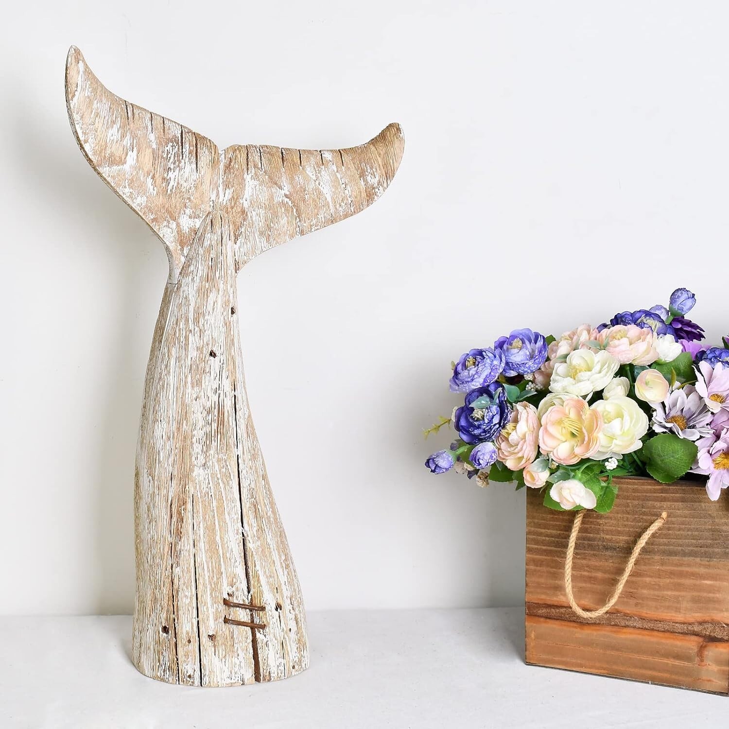 Aecipl Nautical Home Decor Wood Whale Tail Tabletop Statue Decorative (19.5" H)