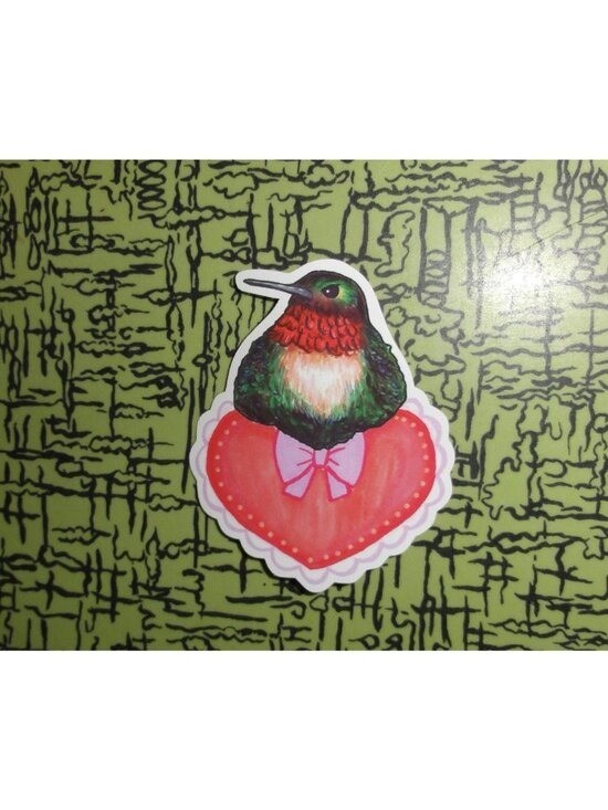 Hummingbird Sitting on a Heart w/ Bow Sticker unique handmade nature art