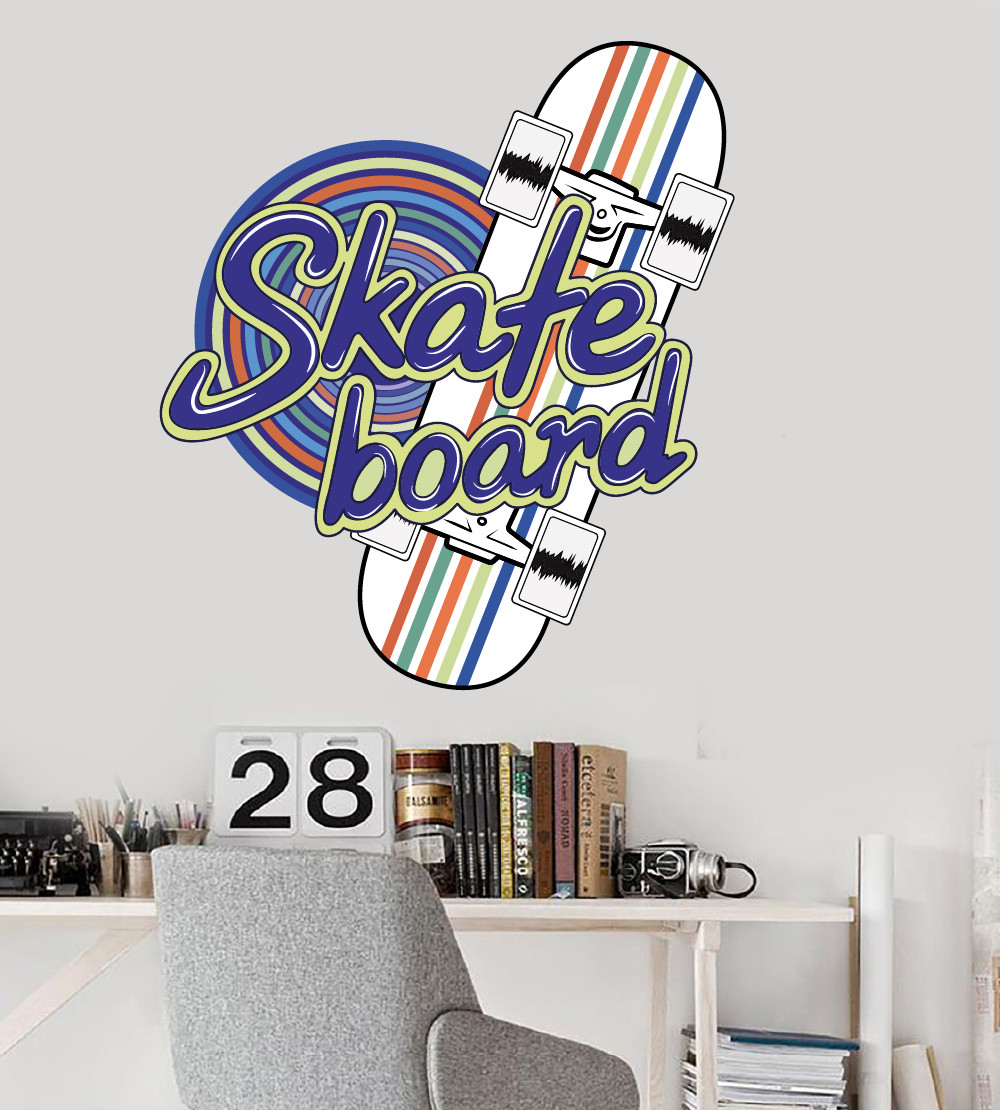 Multicolored Skateboard Rainbow Rings Decor Funky Design Vinyl Wall Decal 20×23