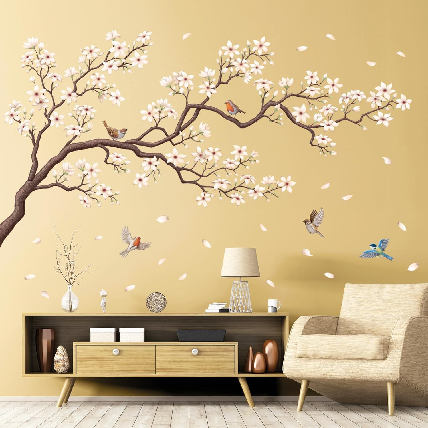 Oriental Flower Tree Wall Stickers Decals White Cherry Blossom Peel and Stick Be