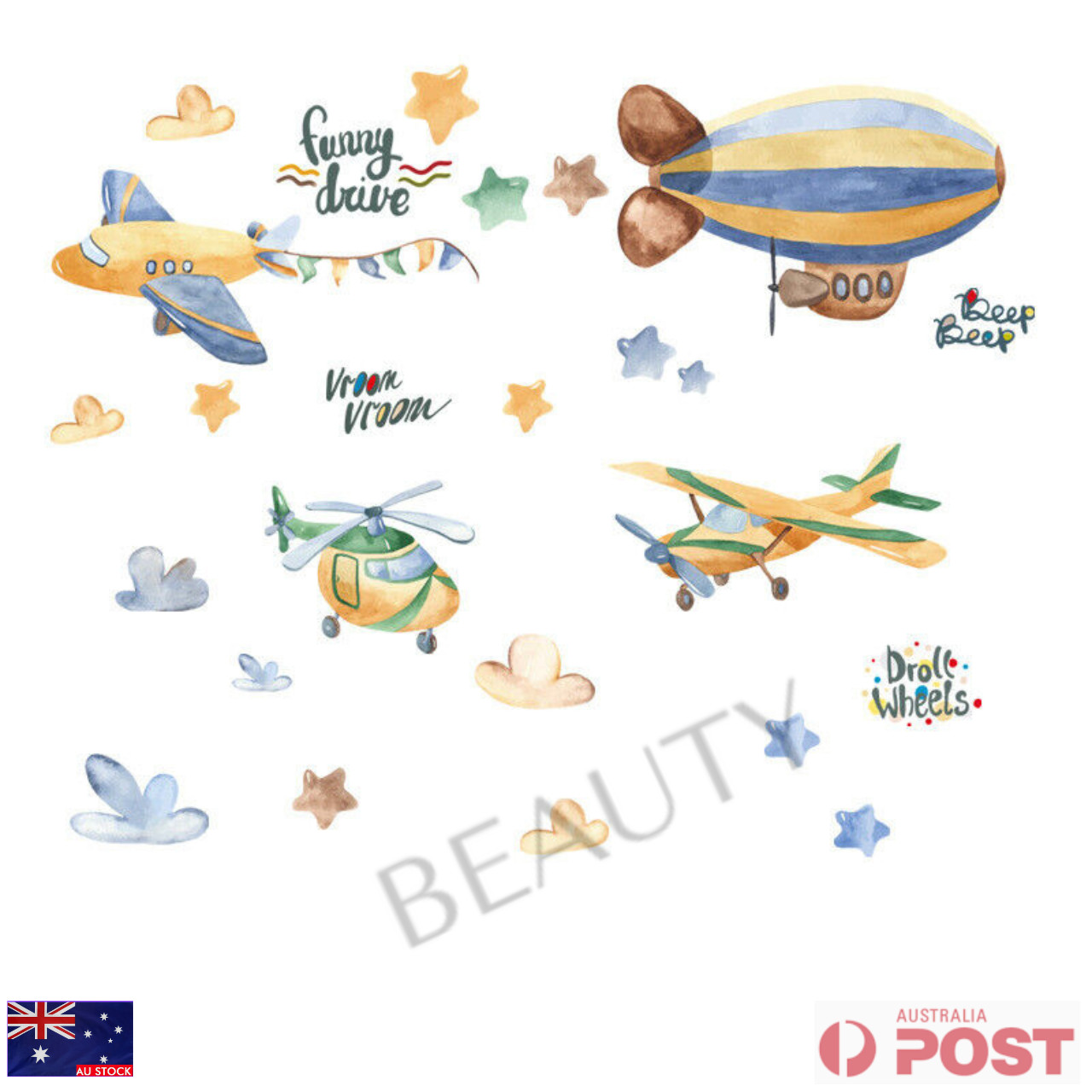 Boys Planes Stars Watercolour Removable Wall Sticker Nursery Decal Decor DIY Fun