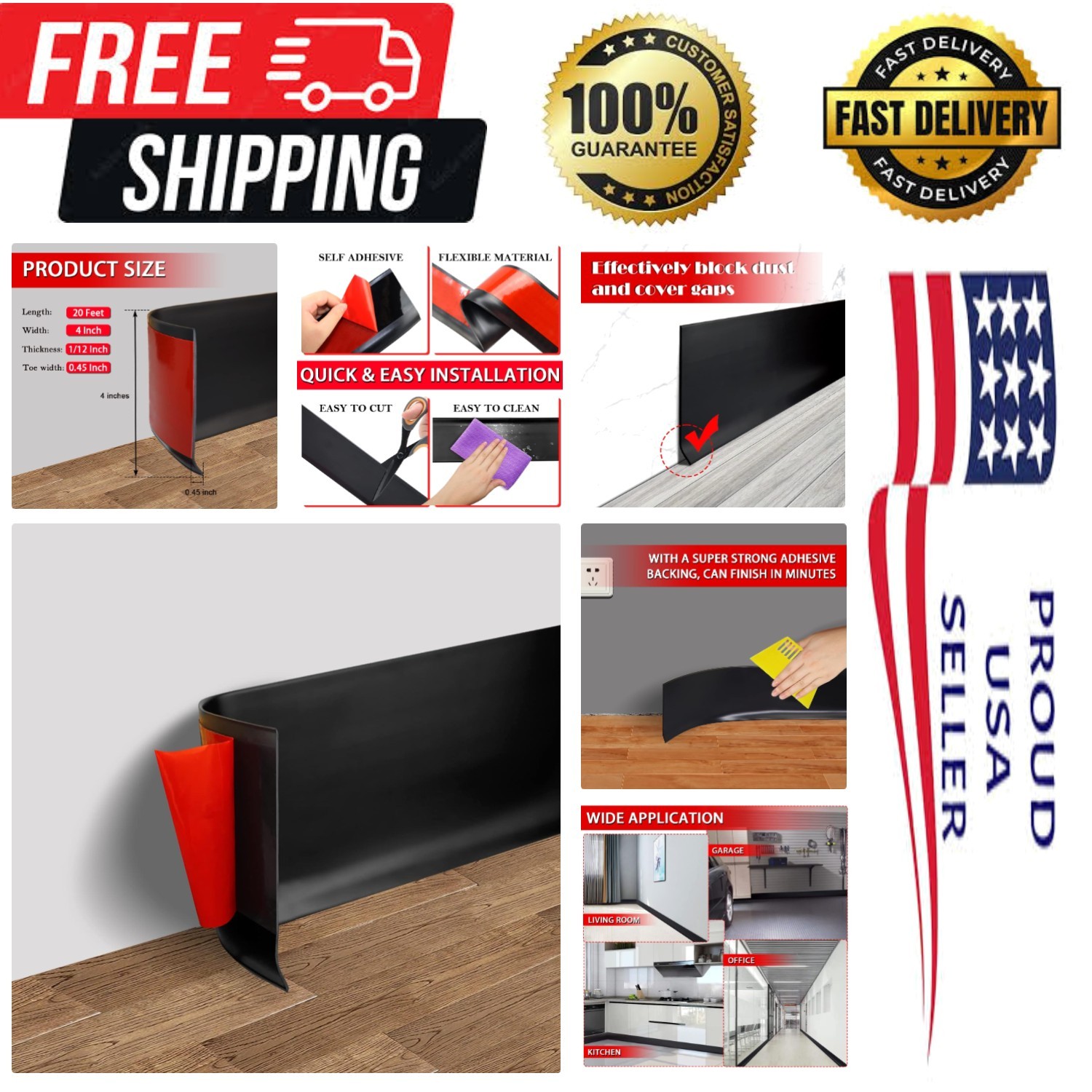 Black Vinyl Baseboard Trim 4" x 20' – Self-Adhesive and Flexible Design