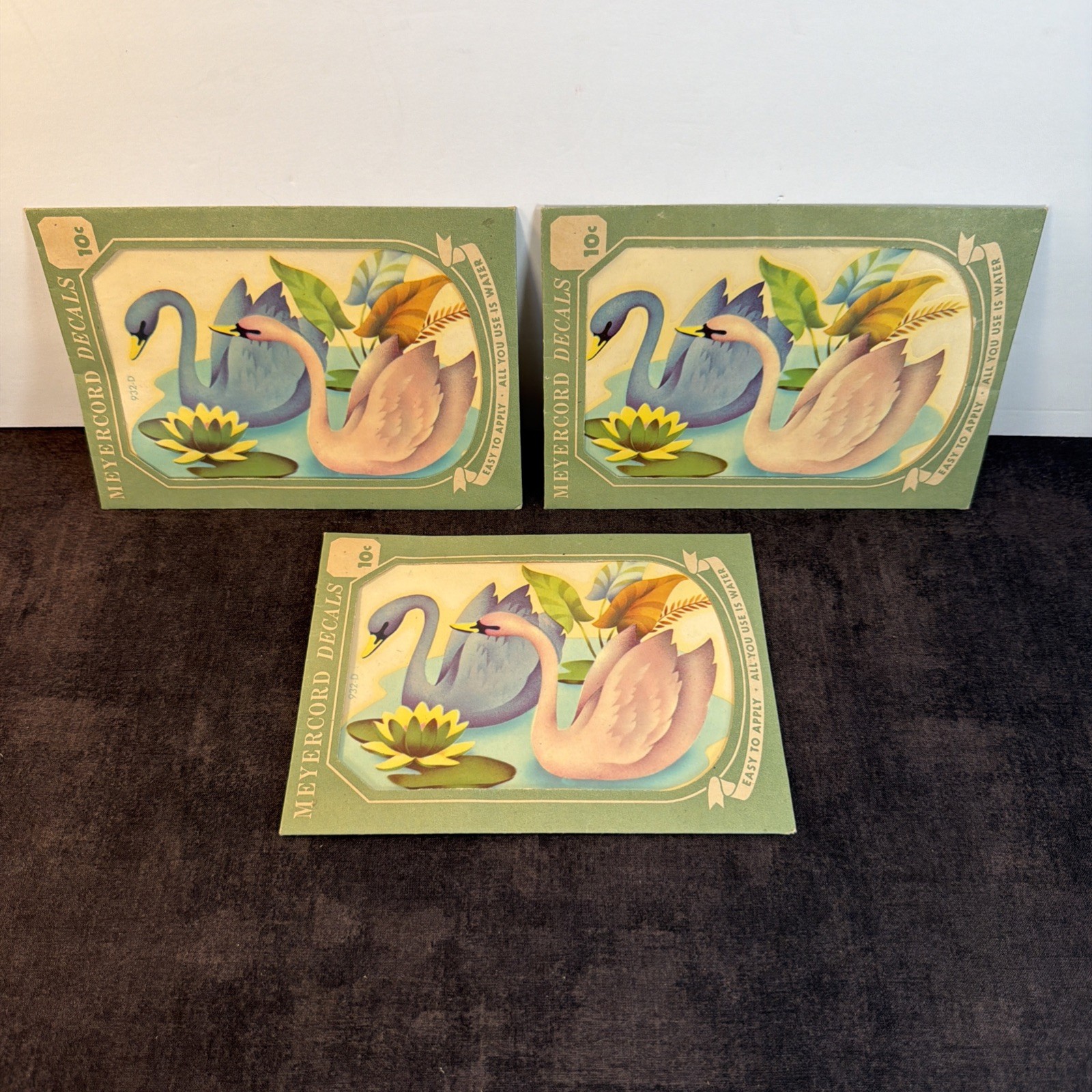 3 Meyercord Light Blue & Pink Swan Decals, Water Scene,Unused,Retro, Kitsch,MCM