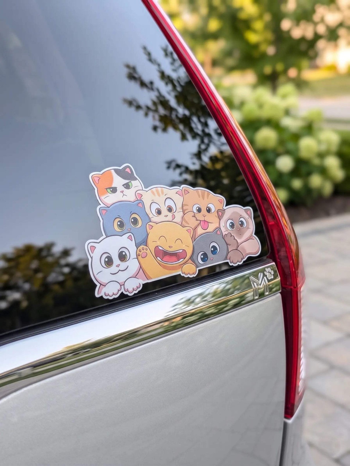 Cute Cat Pile Vinyl Decal – Peeking Cartoon Kittens Car Window Sticker (6" x 3.5