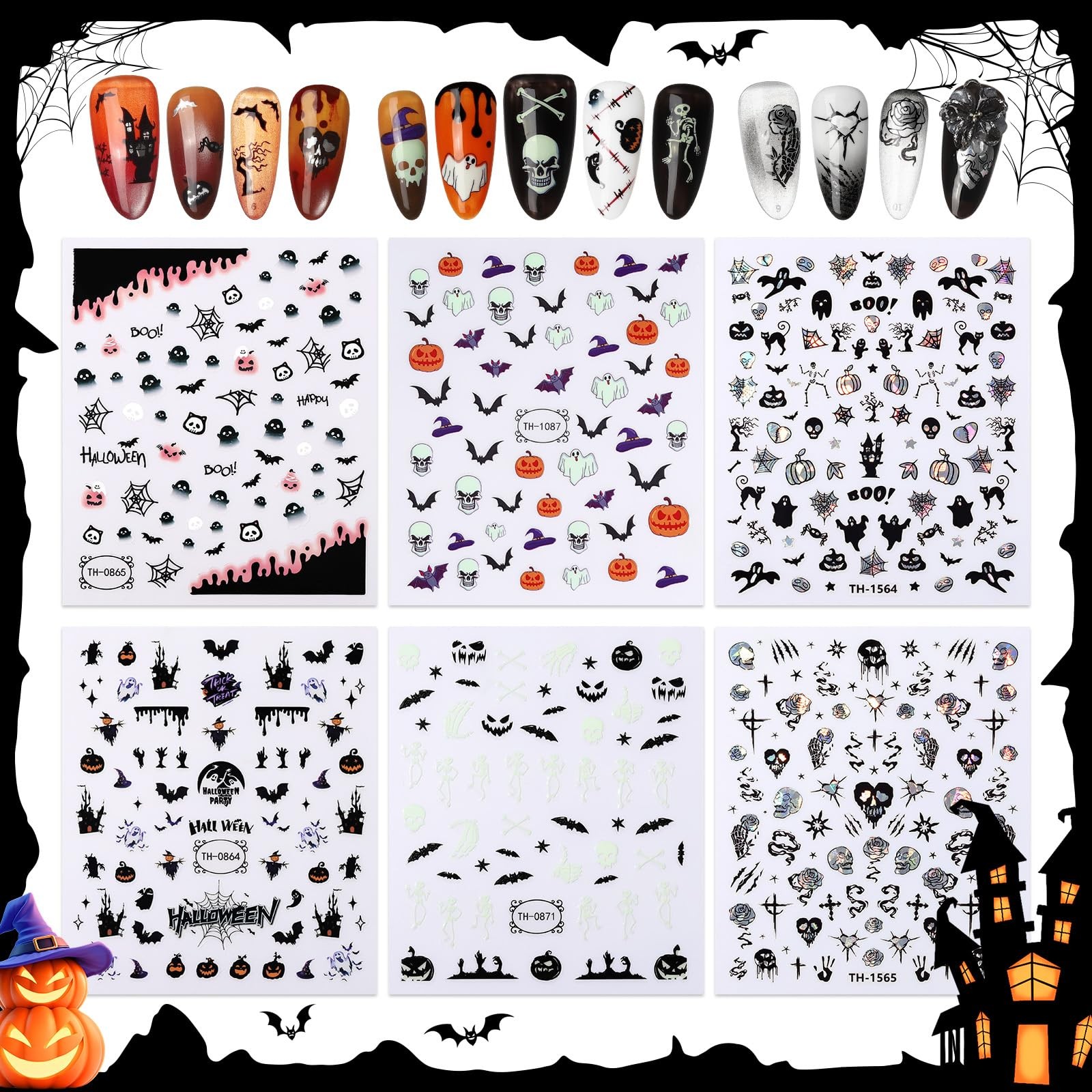 6 Sheets Halloween Nail Art Stickers, Ghost Decals 3D Horror Type1