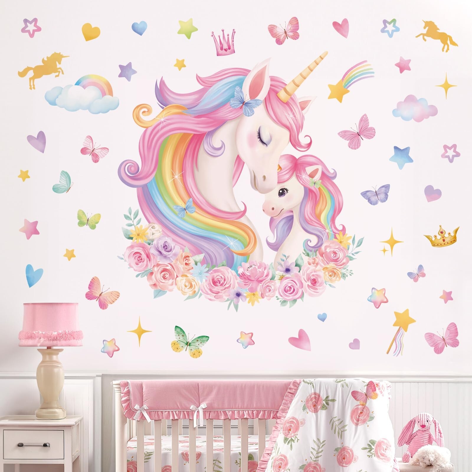 wondever Large Unicorn Wall Stickers Rainbow Baby Unicorn Butterfly Stars Pee…