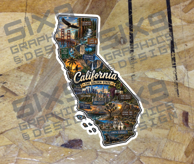 CA California State Travel Theme Vinyl Sticker Decal Waterbottle Made in USA