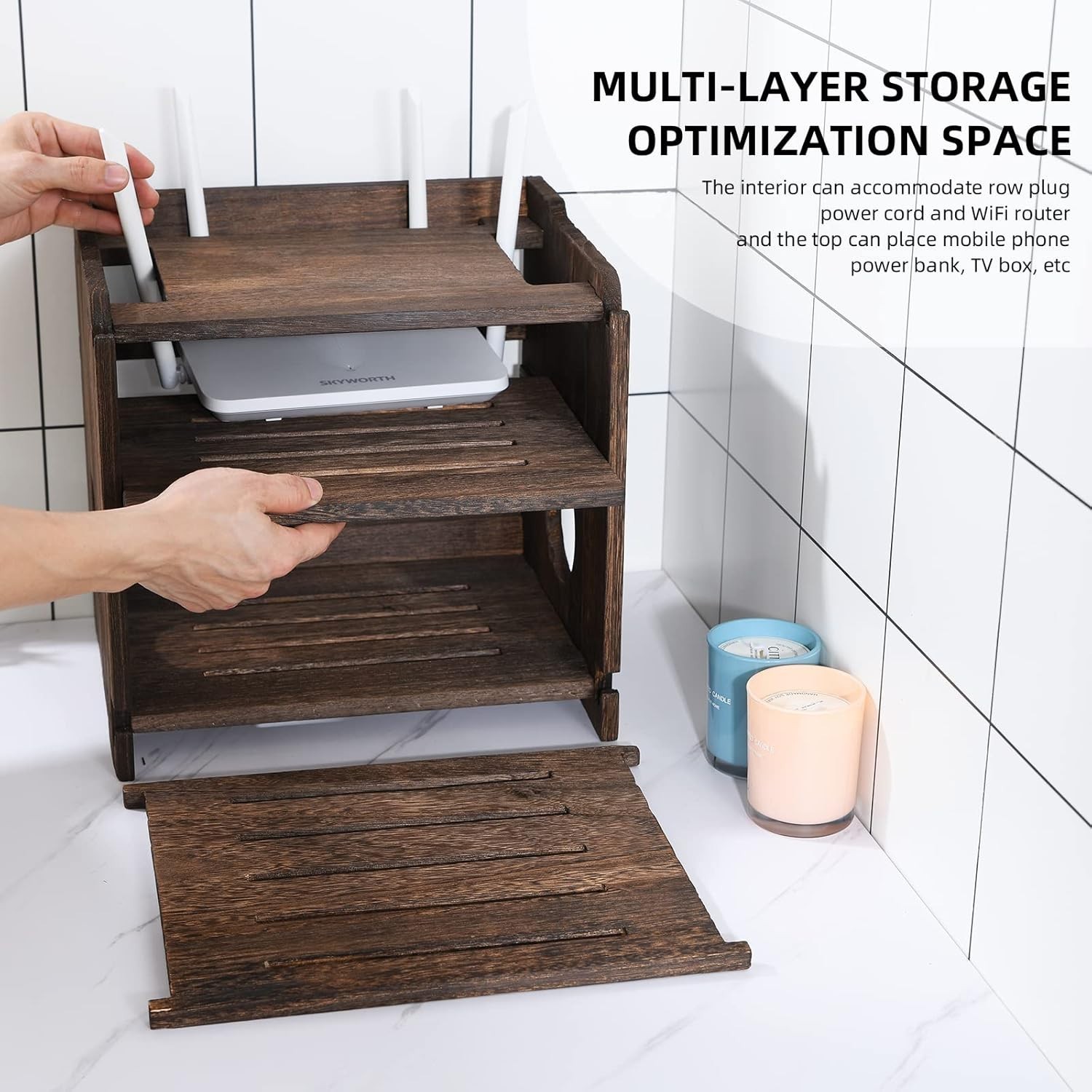 Wooden Wireless WiFi Router Storage Box Modem Router Cover Wood Shelf Power S…