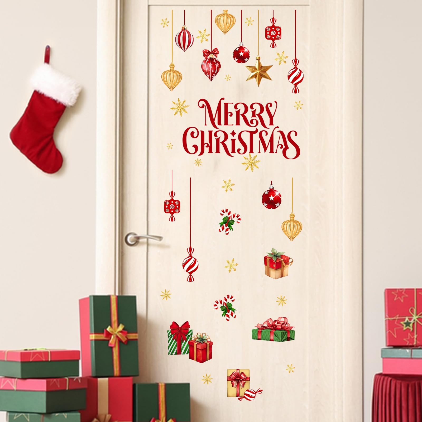 Merry Christmas Balls Wall Decals Stickers, Xmas Gifts Gold Snowflake Decorat…