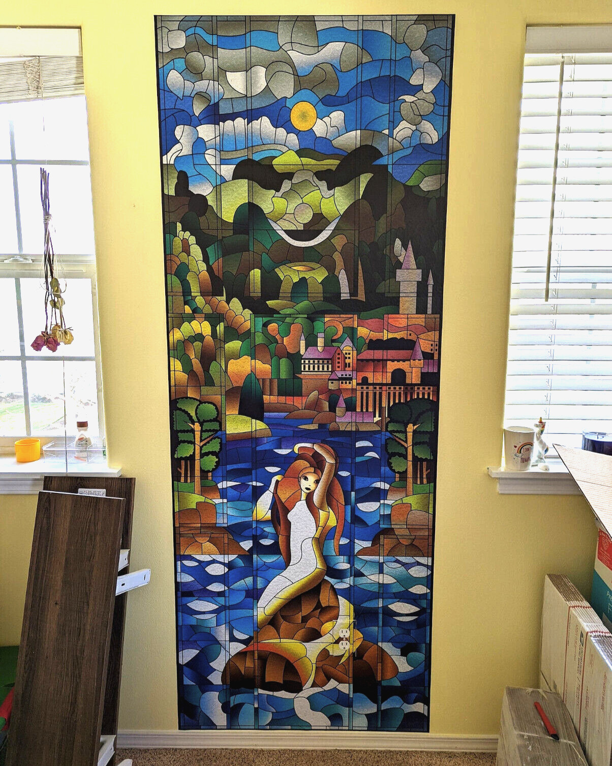 Mermaid Window Stained Glass -Door Mural, Glossy Laminated Sticker, Single piece