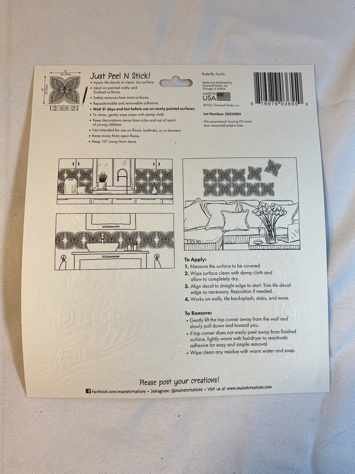 main street wall creations peel & stick removeable tile decal BUTTERFLY