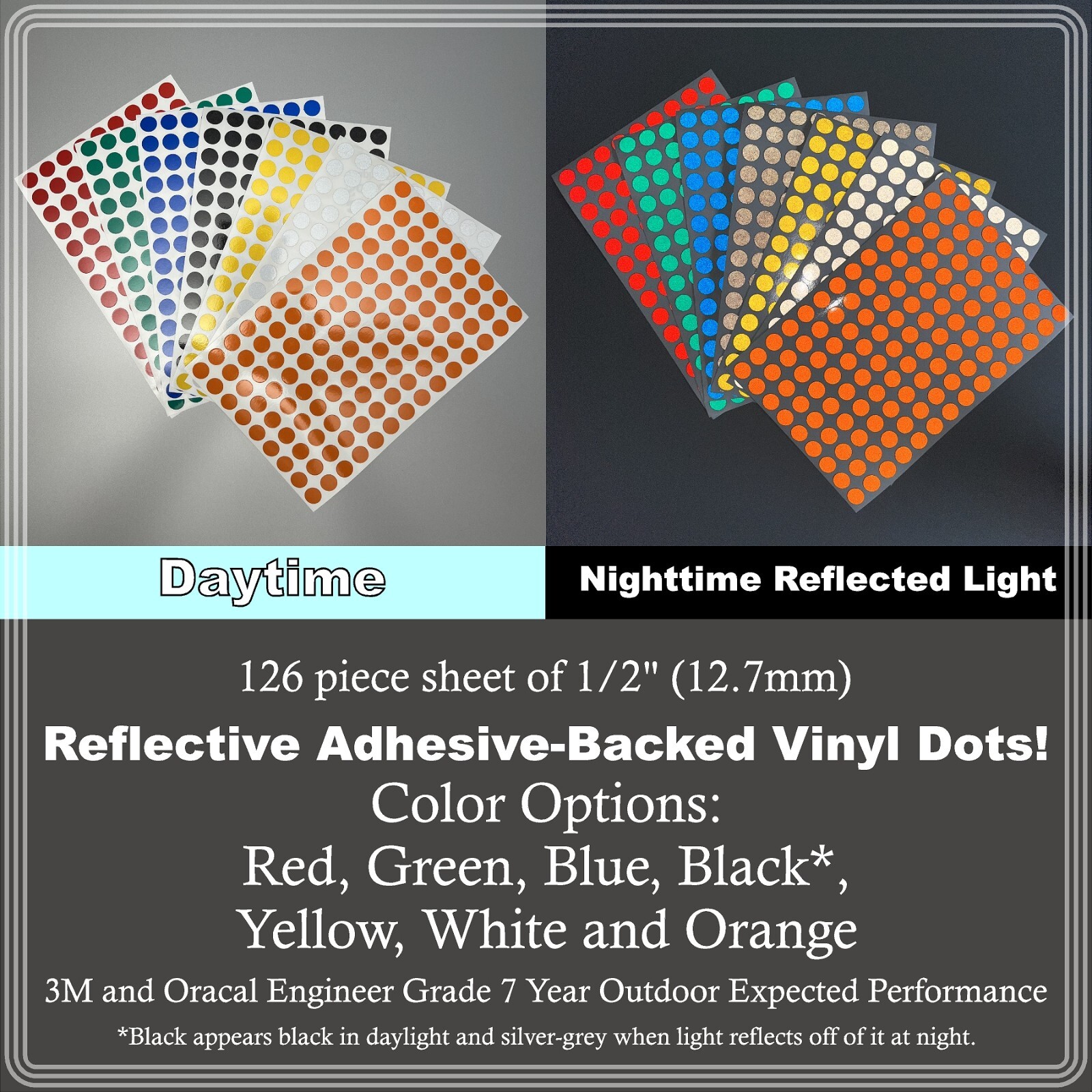 1/2" (12.7mm) Reflective Adhesive Dots Sheets of 126 Stickers 7 Color Options