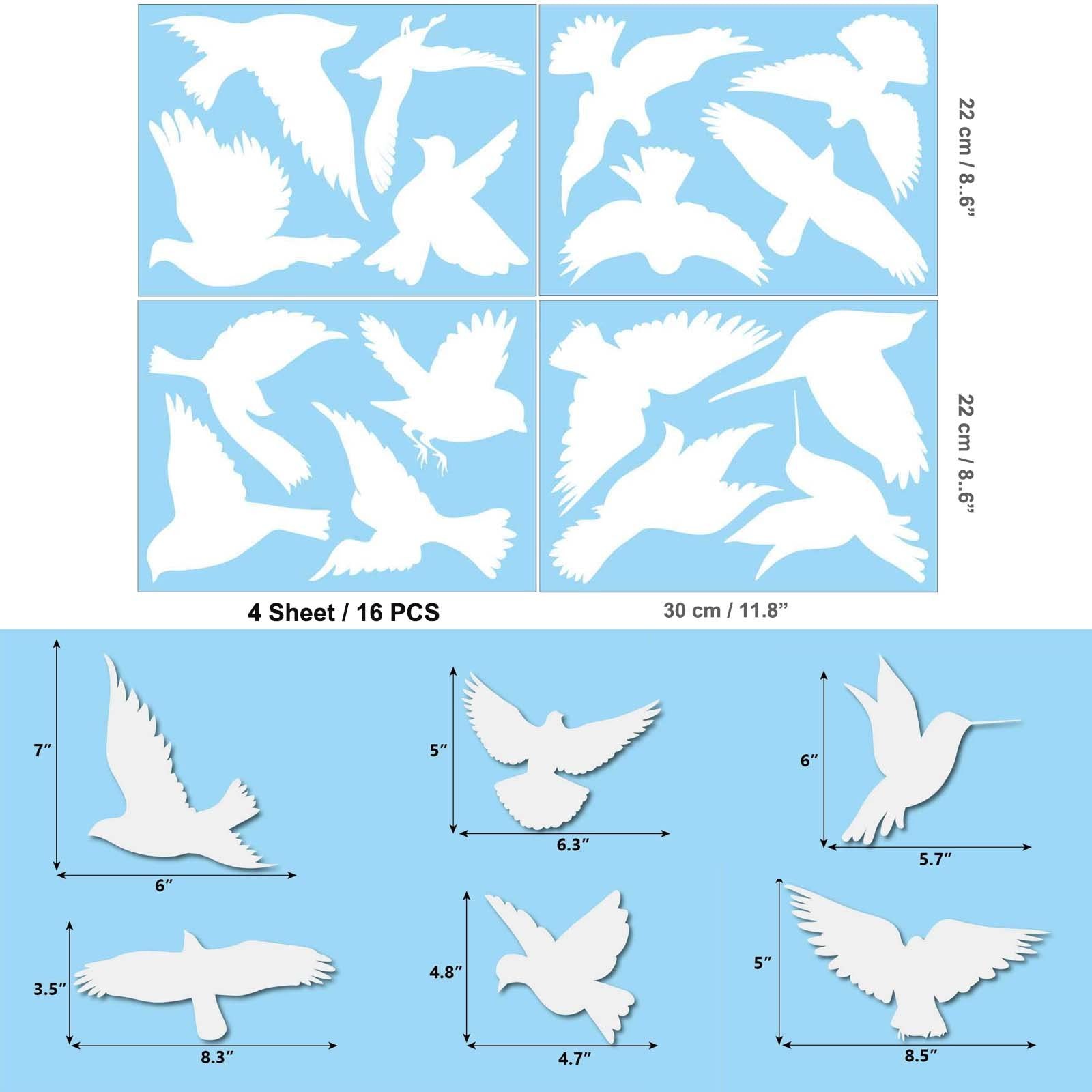 16 Pieces Window Decals to Prevent Bird Strikes, 11.8” x 8.6”, Clear
