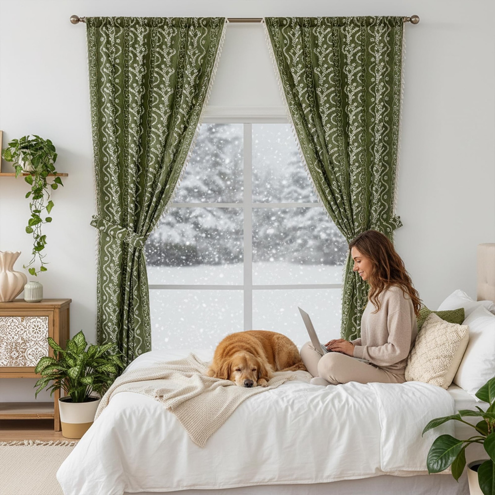 Olive Green Floral Curtains 80 Inch Long for Living Room, Bedroom, 2 Panels B…