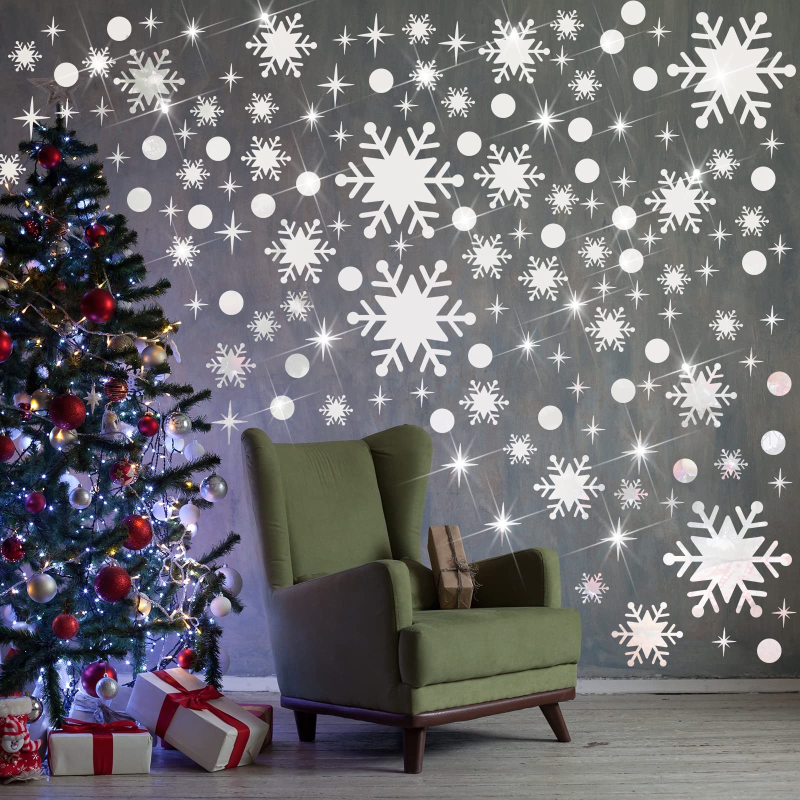 Outus 193 Pcs Christmas Snowflake Mirror Wall Decal Sticker Silver