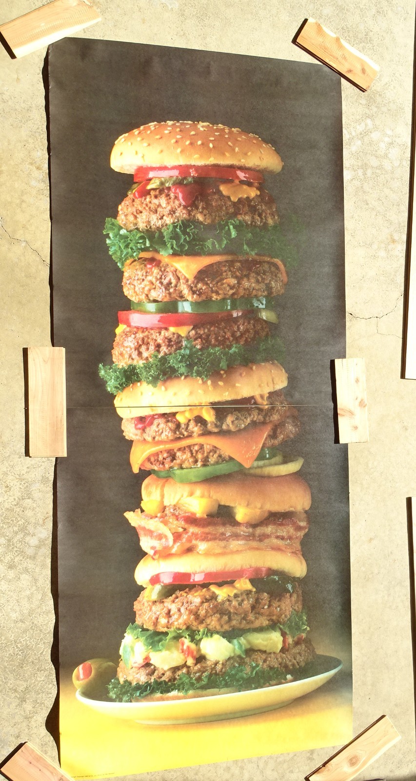 Delecious HUGE Towering Hamburger Photo Door Wall Mural Poster 82.5” X 34” nos