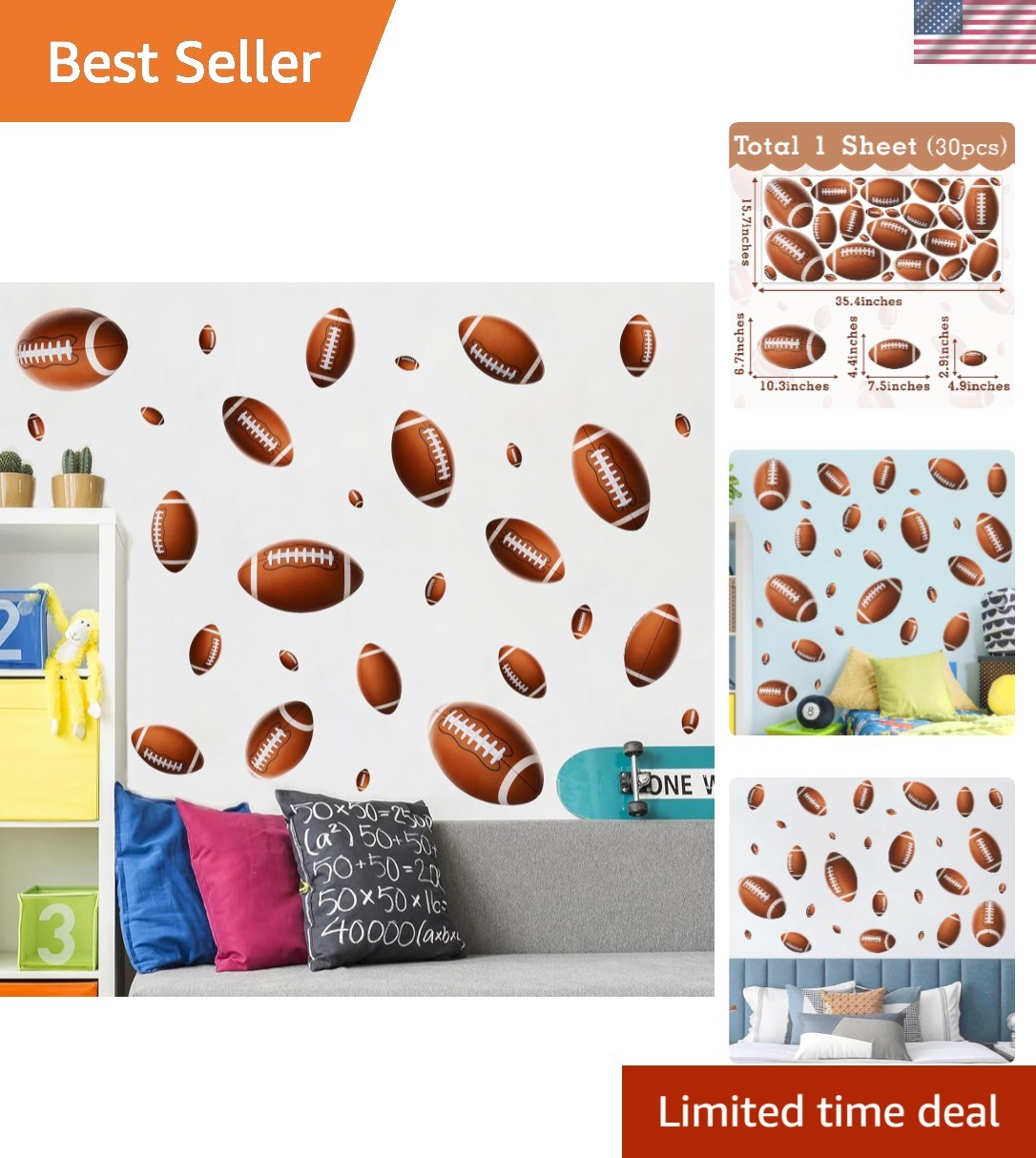 Peel and Stick Football Wall Decals for Kids' Rooms – Removable & Waterproof