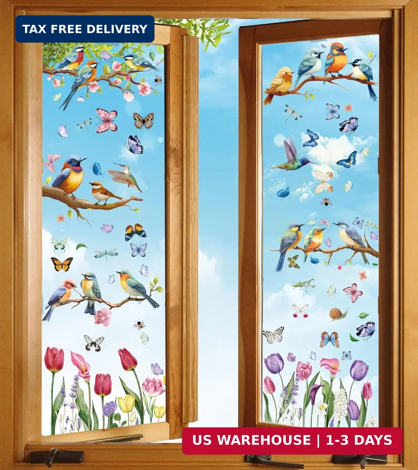 Spring Window Cling Sticker – 78PCS Tulip Butterfly Flower Hummingbirds Window D