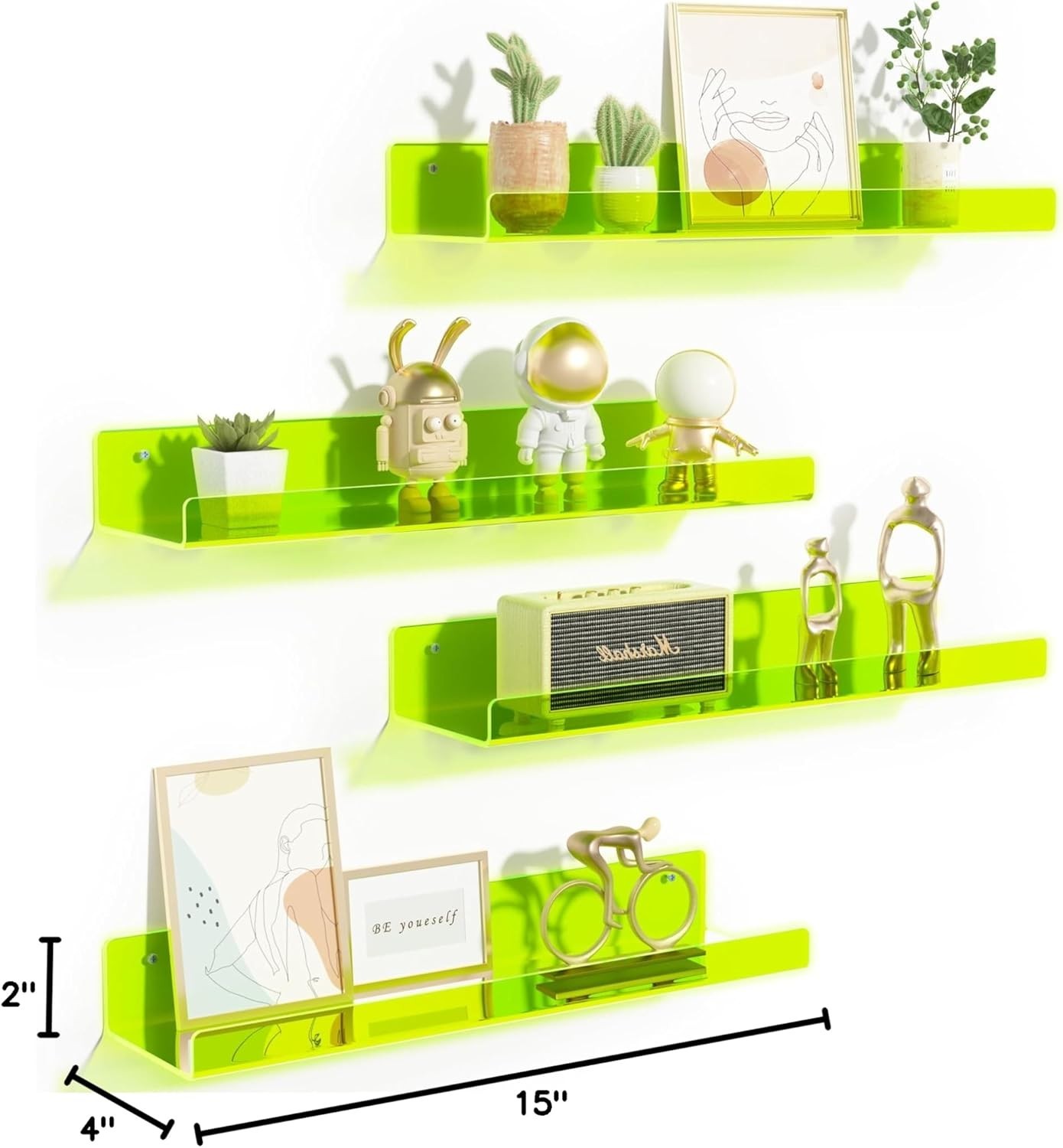 upsimples Acrylic Shelves 15 inches x 4 x 2 inches, Fluorescent Green
