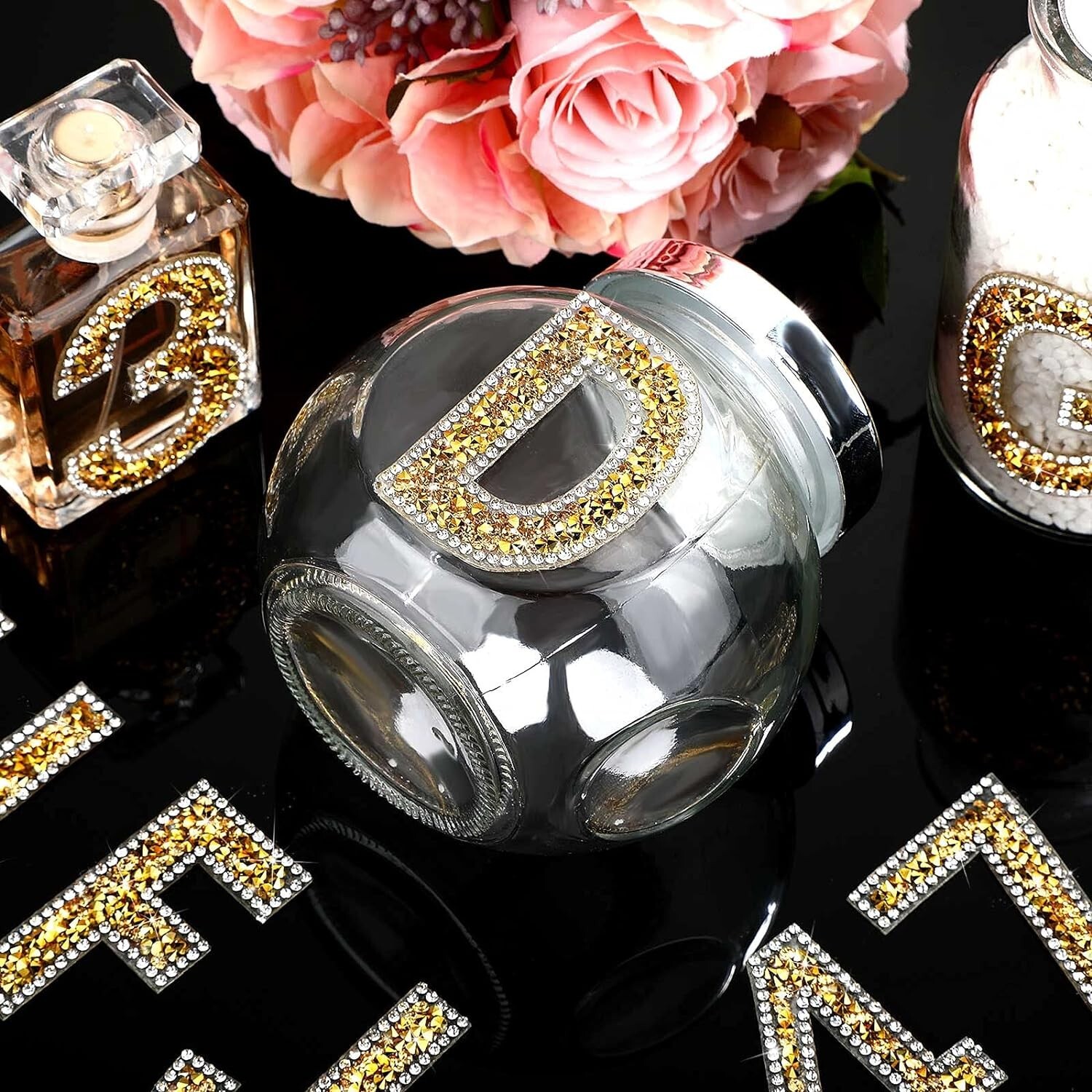 2.56Inch Gold White Rhinestone Letter Number Sticker Container Phone Laptop Hat