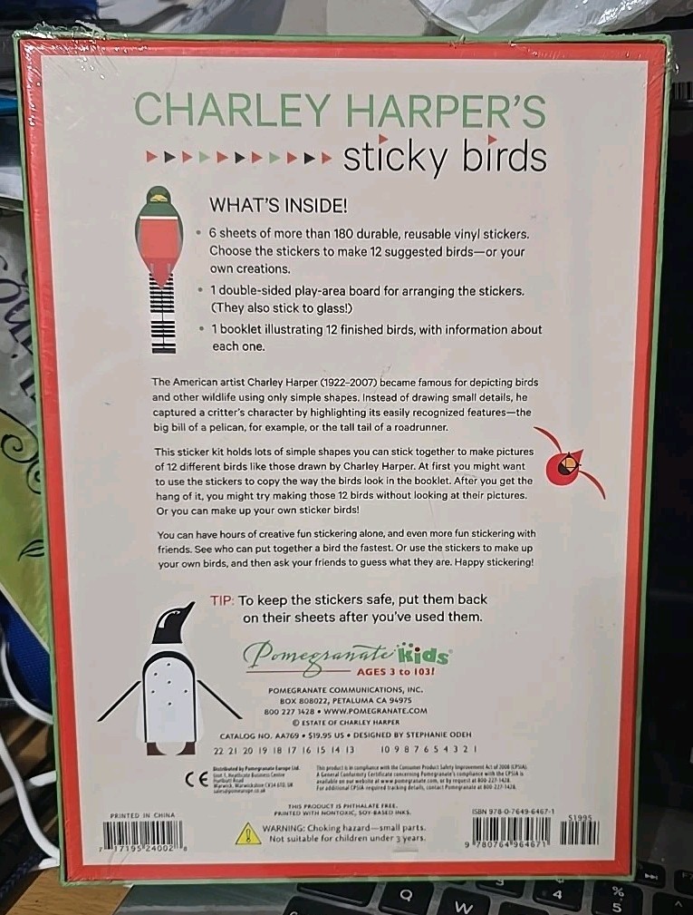 Charley Harper's Sticky Birds, Animal Sticker Book, Reusable Vinyl Stickers, New