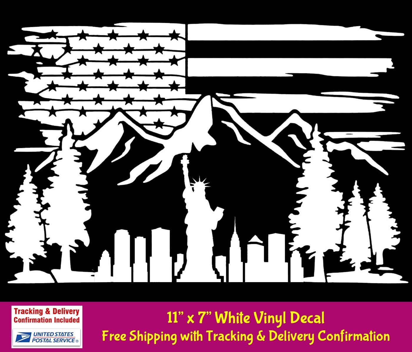 American Flag Liberty Patriotic Cityscape Mountain Range 11" White Vinyl Decal