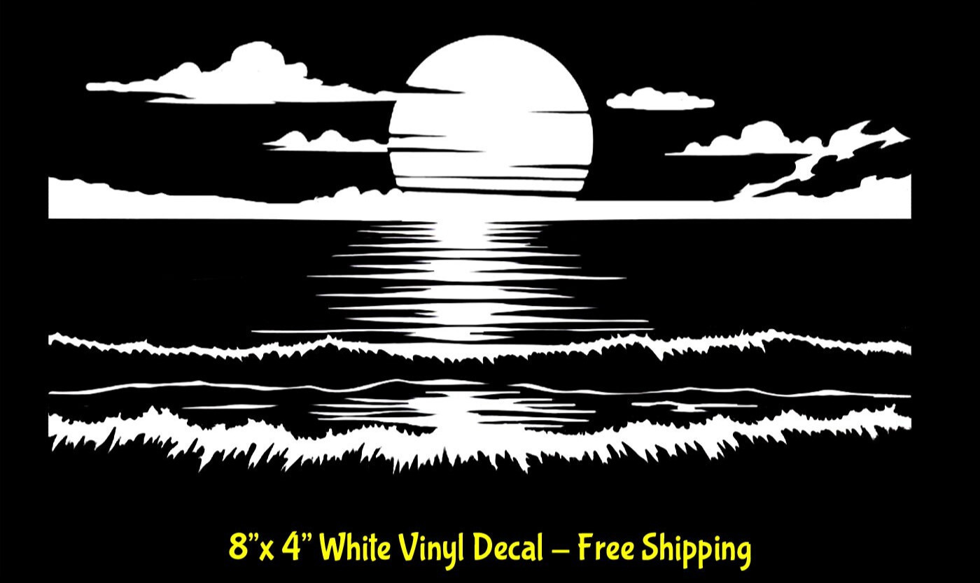 Sunset Sunrise Waves Beach 8" x 4" White Vinyl Decal Car Windows Laptop Tablet