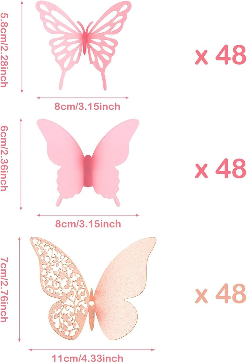 Romantic 3D Pink Butterfly Wall Stickers – 144 Assorted Pieces for Parties