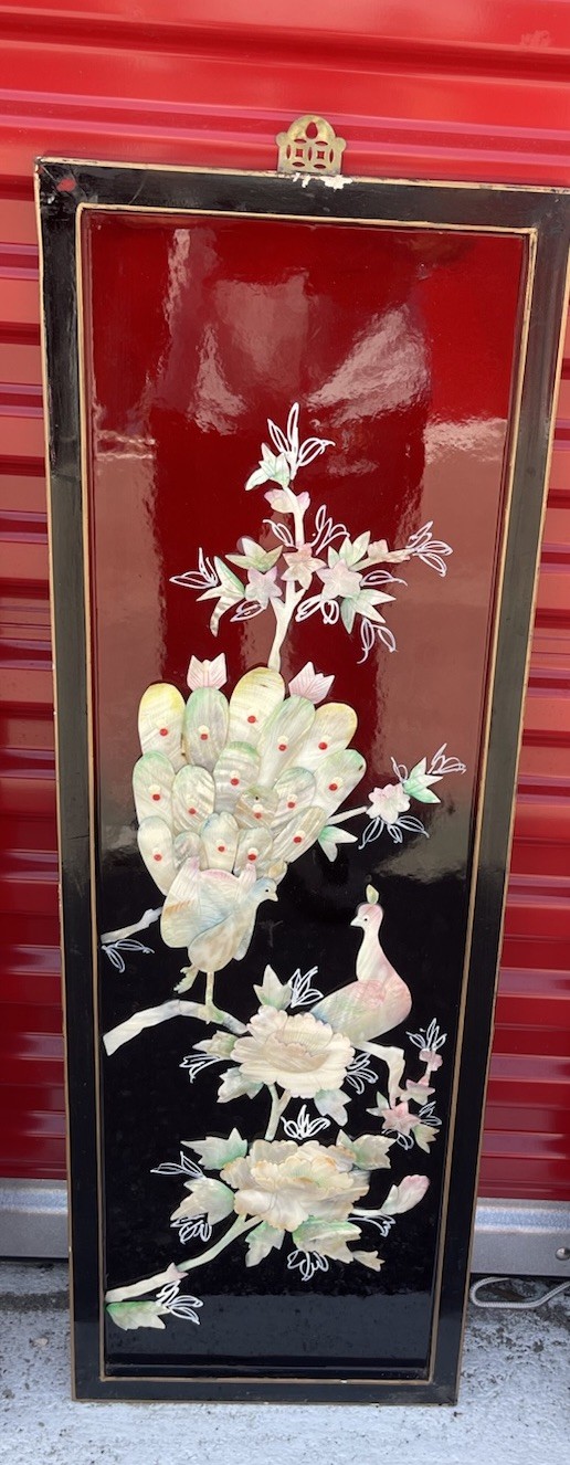 Set of 4 Vintage Mother of Pearl Horse Panels Dark Red Lacquer Asian Wall Art