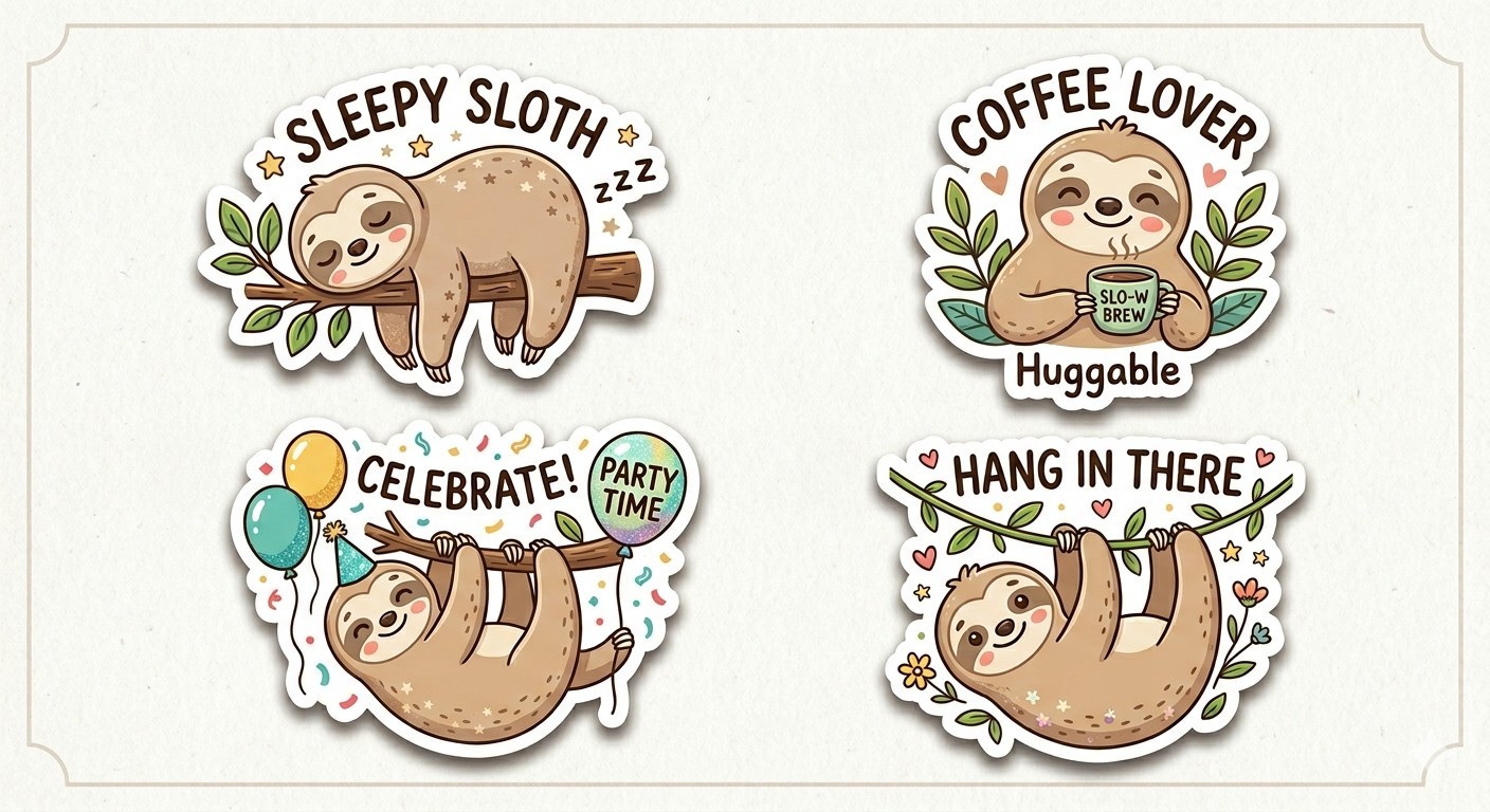 4 Cute Sloth Decal Stickers Phone Laptop